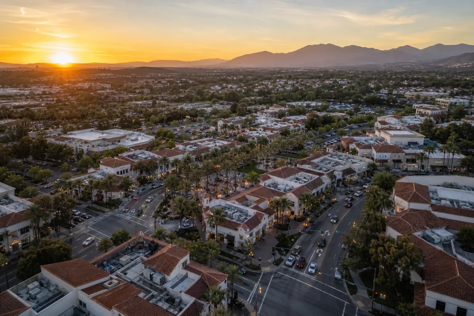 Aerial view of Aliso Viejo restaurant district at golden hour