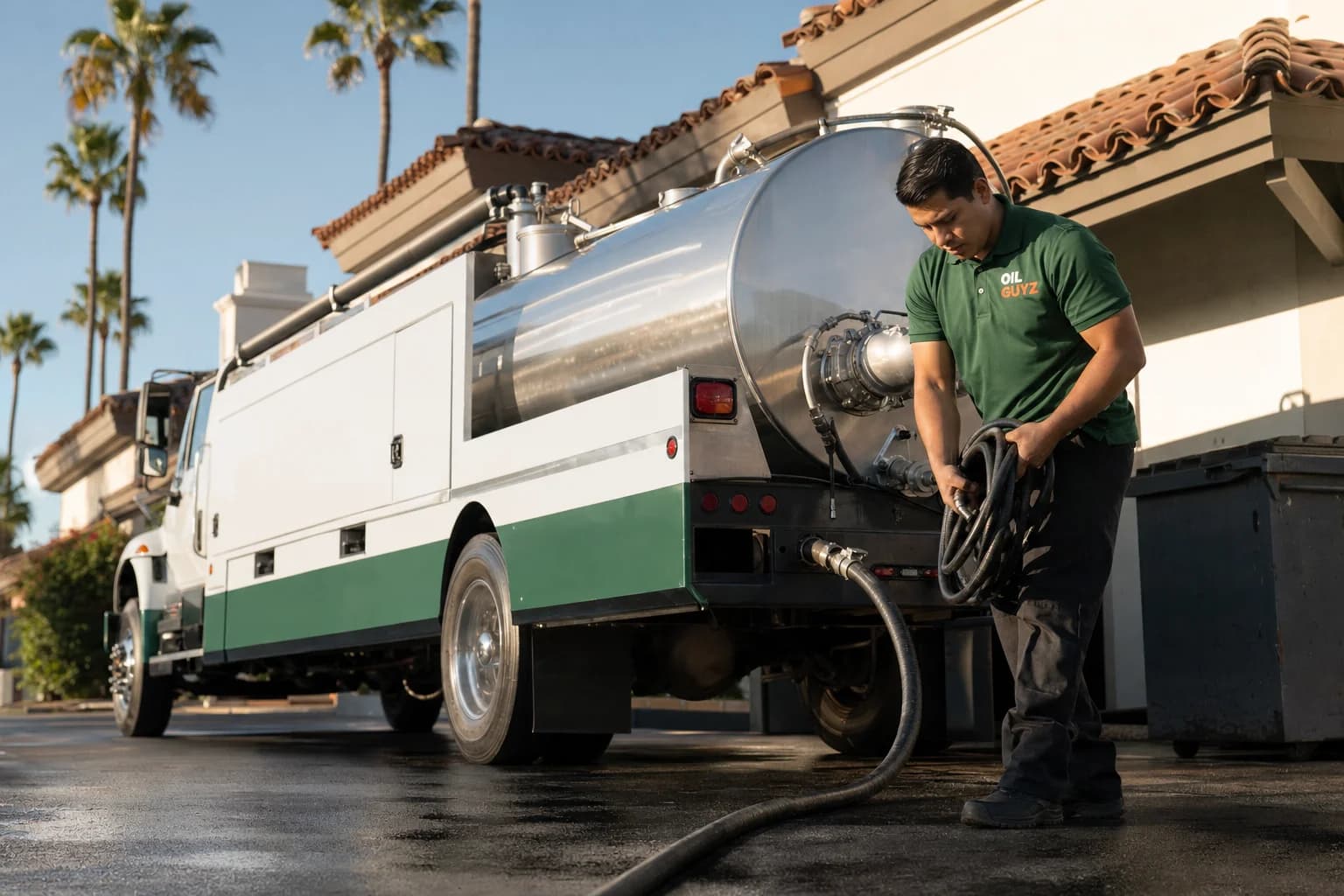 Free used cooking oil pickup at a Aliso Viejo restaurant — unbranded white pump truck with hunter-green Oil Guyz technician