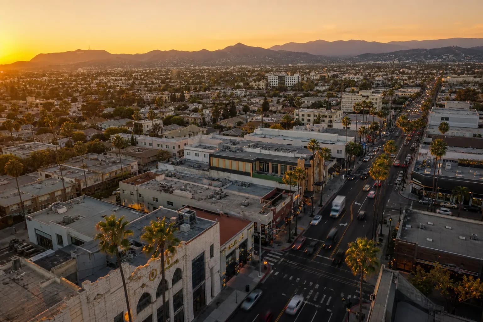 Aerial view of Artesia restaurant district at golden hour