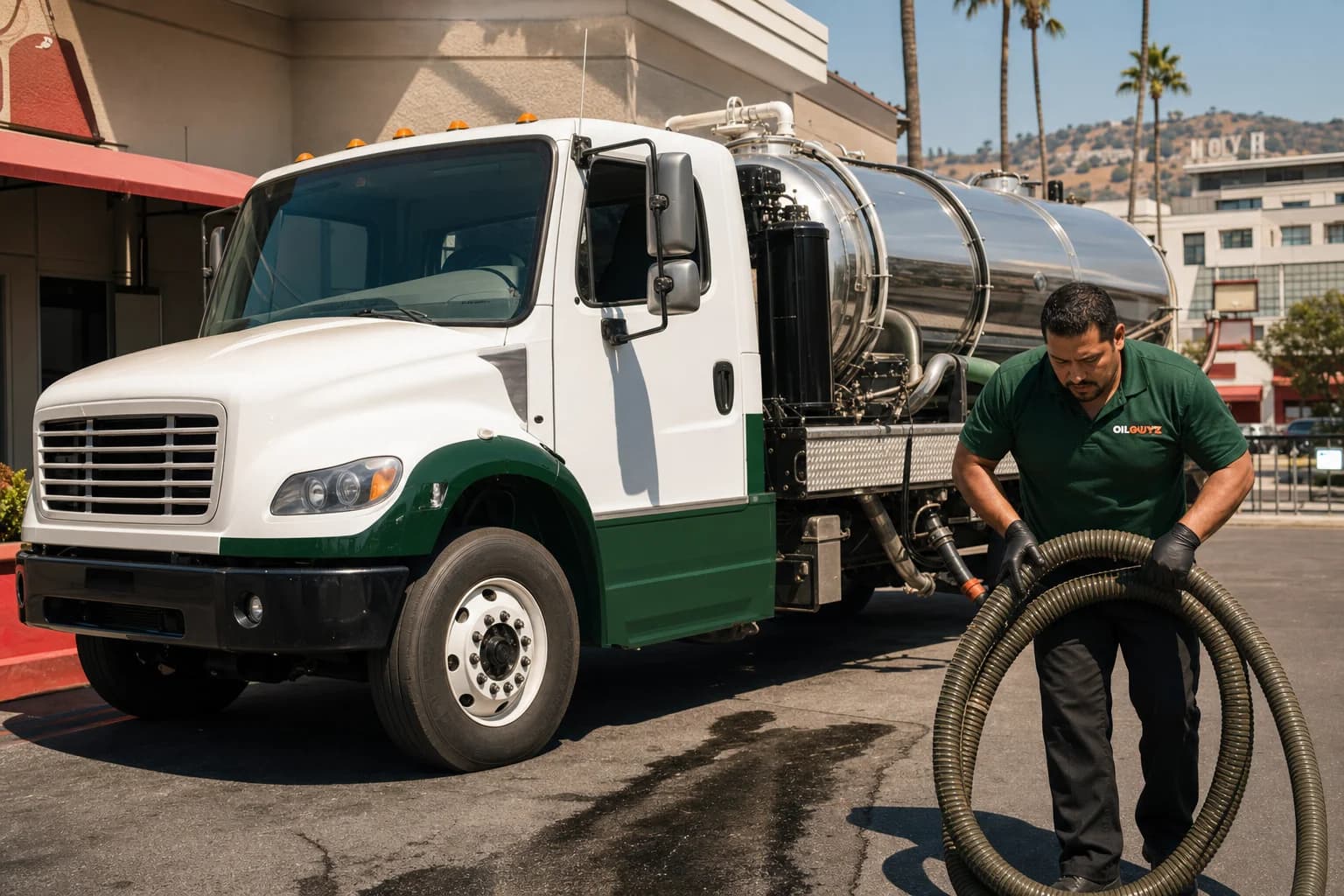 Free used cooking oil pickup at a Artesia restaurant — unbranded white pump truck with hunter-green Oil Guyz technician