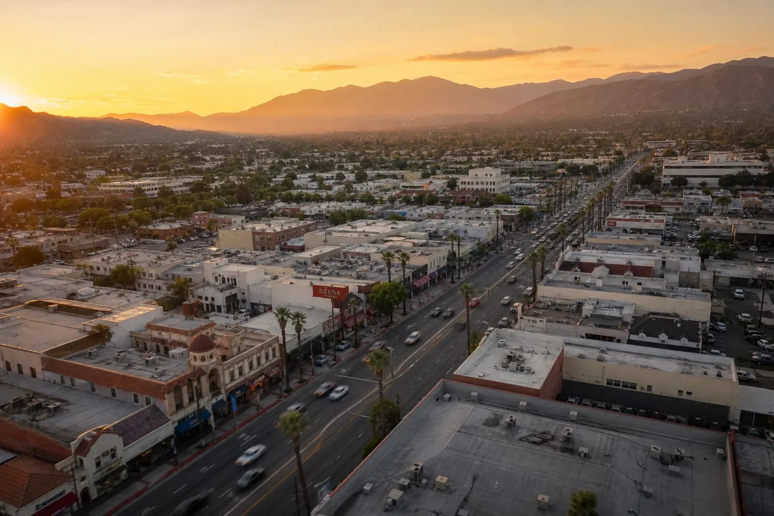 Aerial view of Azusa restaurant district at golden hour