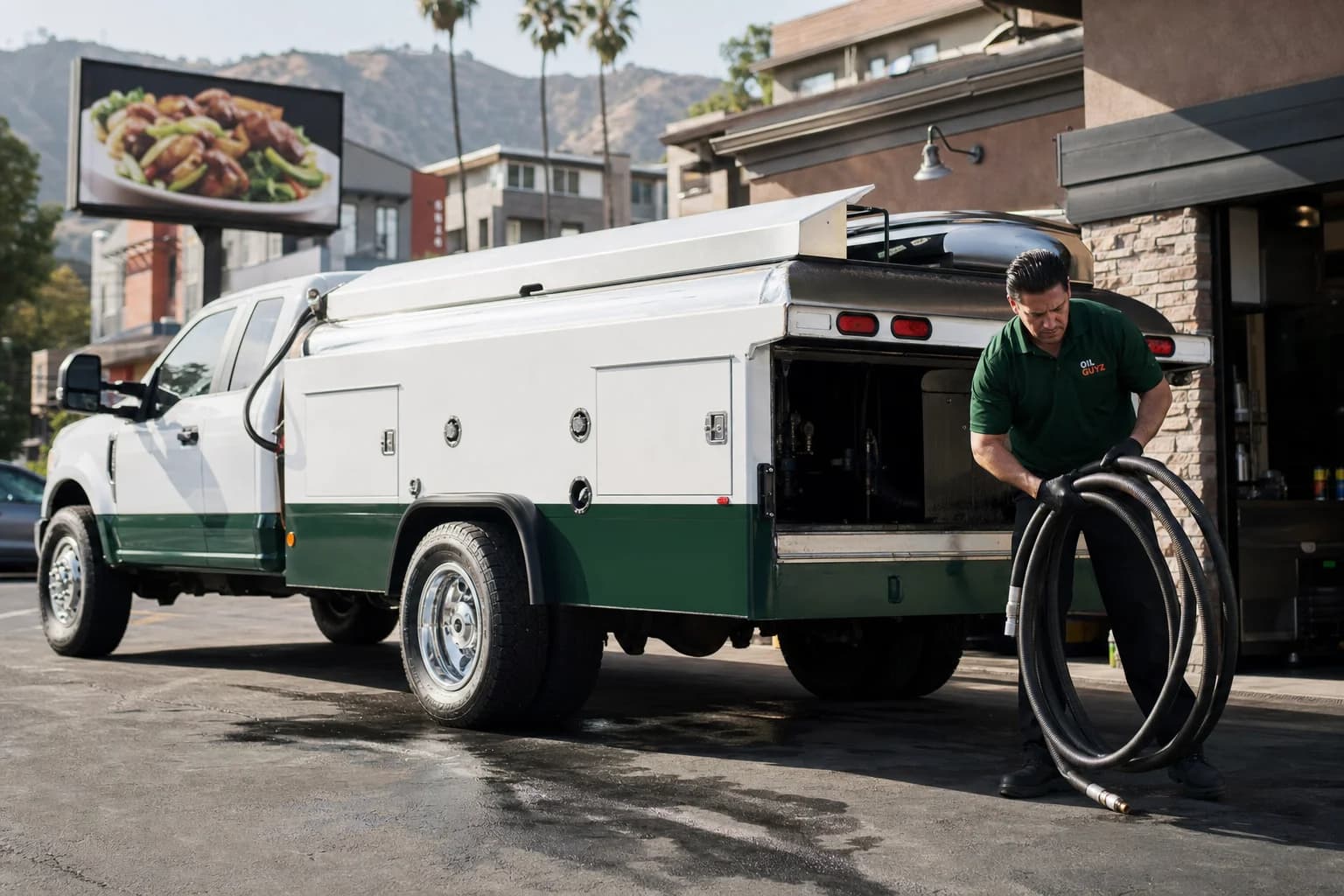 Free used cooking oil pickup at a Azusa restaurant — unbranded white pump truck with hunter-green Oil Guyz technician