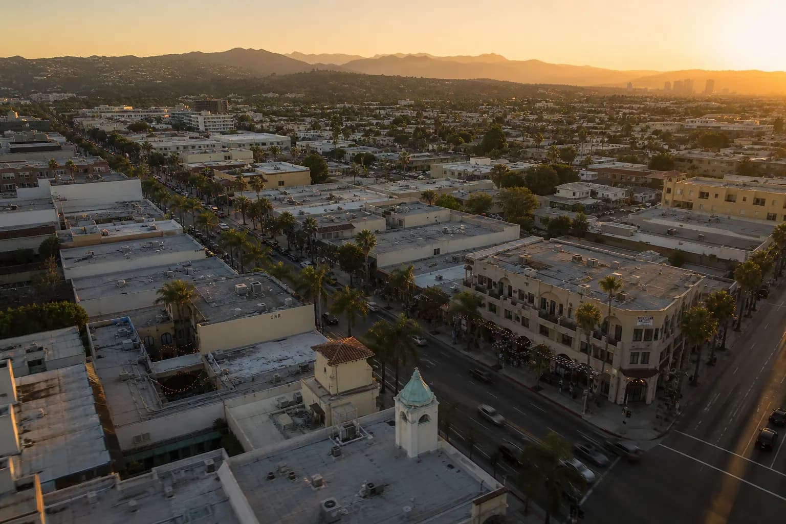 Aerial view of Baldwin Park restaurant district at golden hour