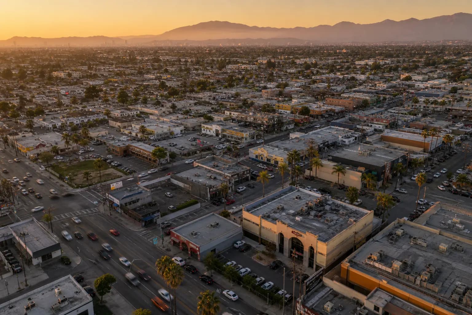 Aerial view of Bell Gardens restaurant district at golden hour