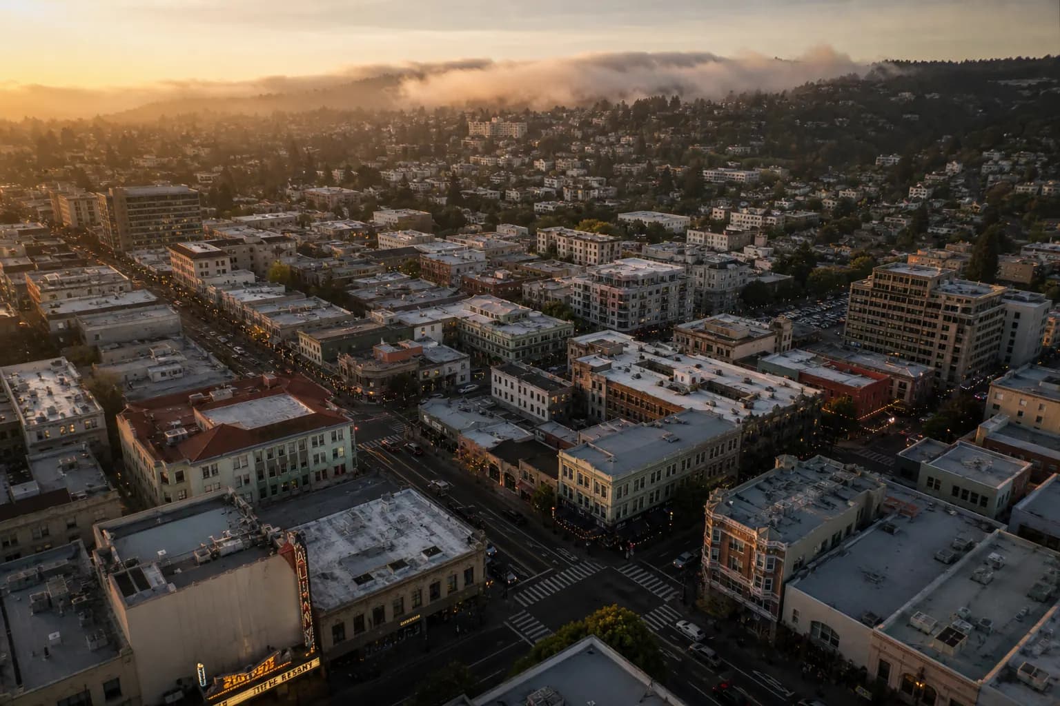 Aerial view of Berkeley restaurant district at golden hour