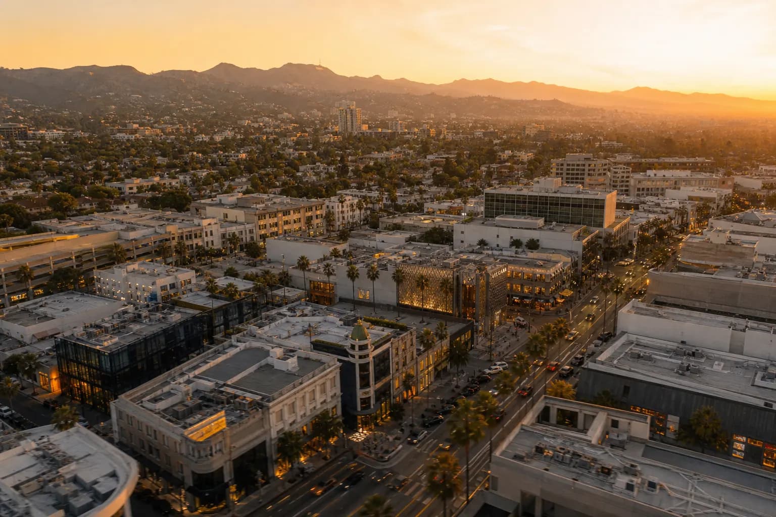 Aerial view of Beverly Hills restaurant district at golden hour