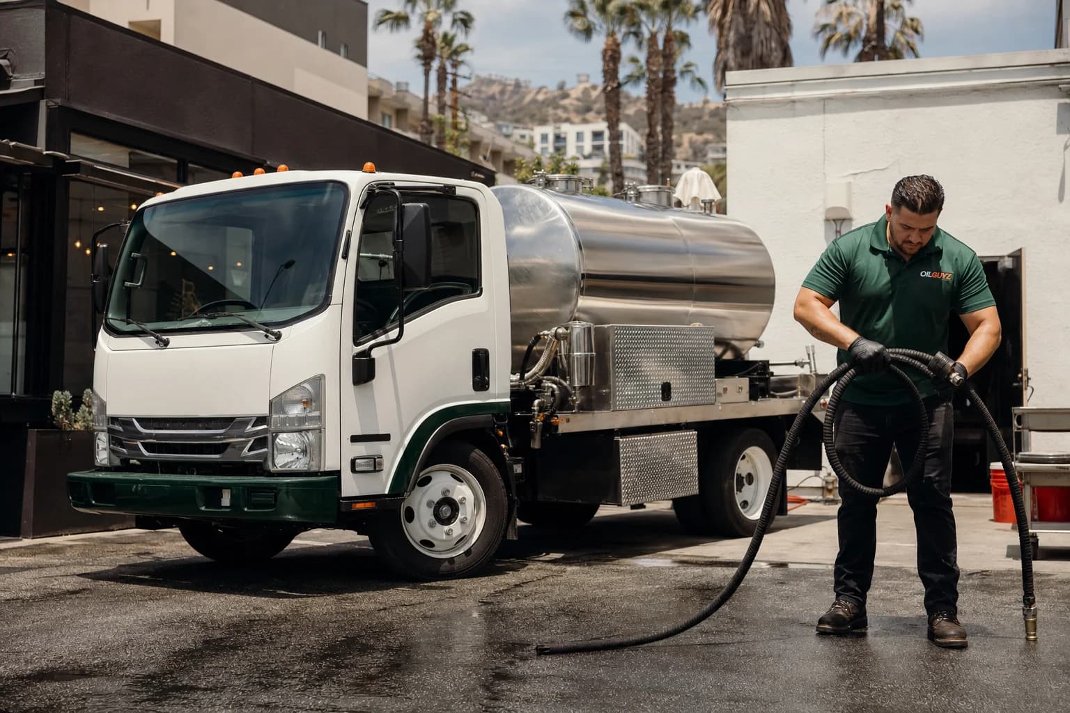 Free used cooking oil pickup at a Beverly Hills restaurant — unbranded white pump truck with hunter-green Oil Guyz technician