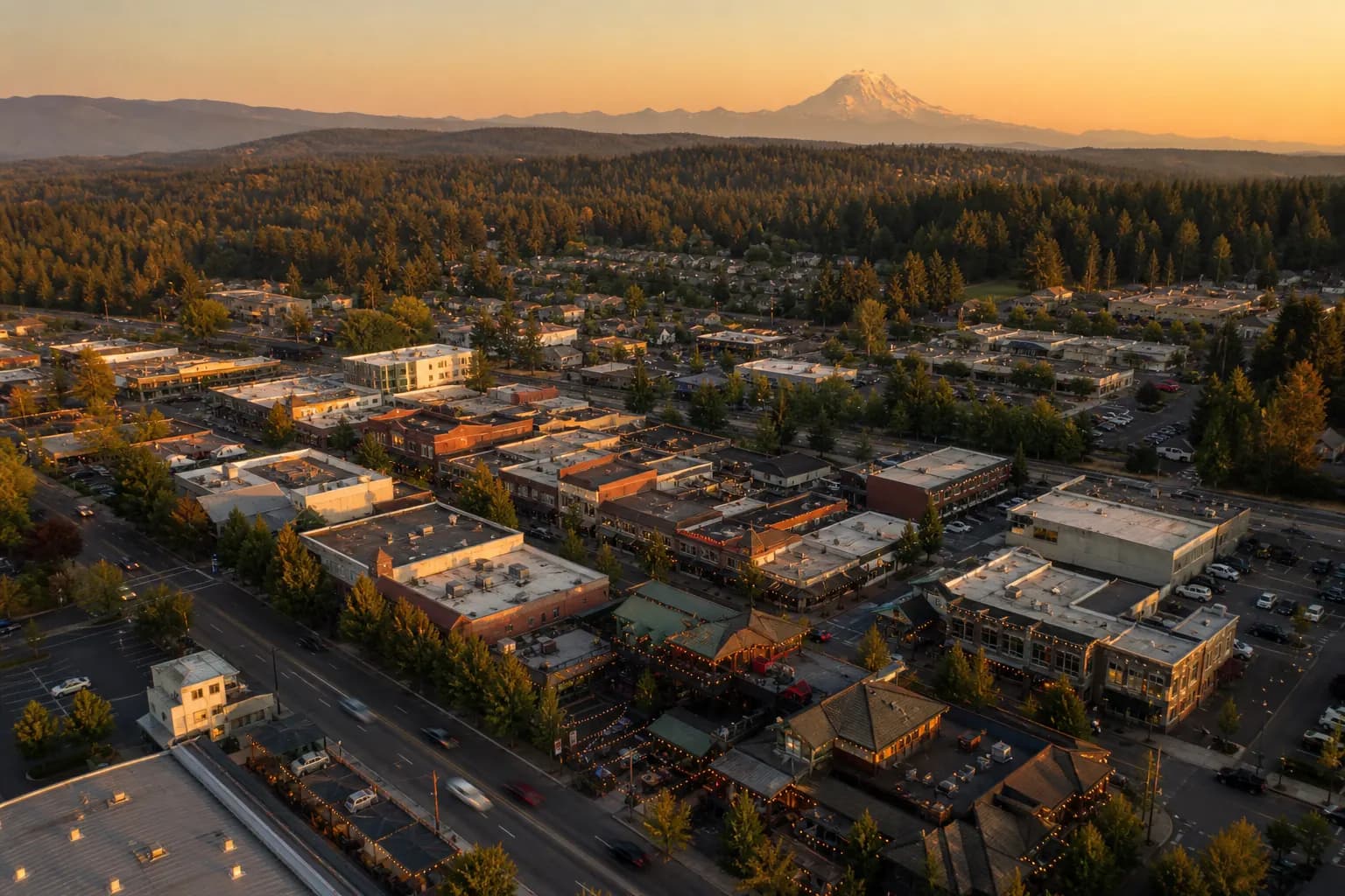 Aerial view of Bonney Lake restaurant district at golden hour