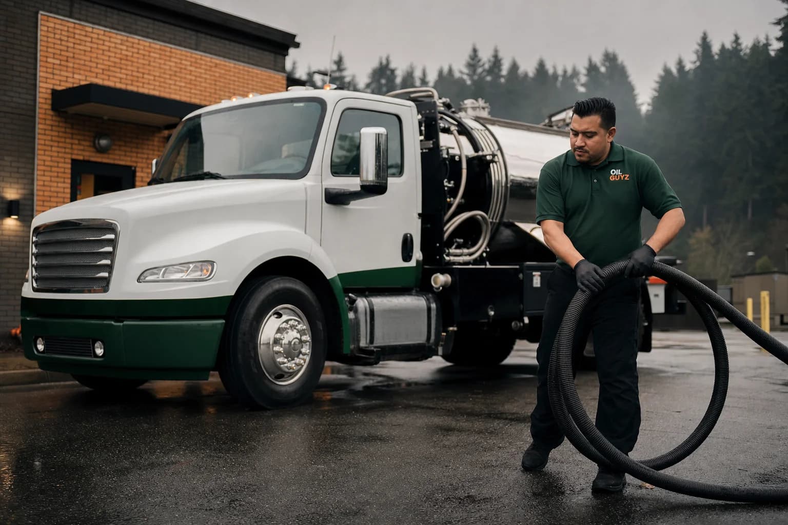 Free used cooking oil pickup at a Bonney Lake restaurant — unbranded white pump truck with hunter-green Oil Guyz technician