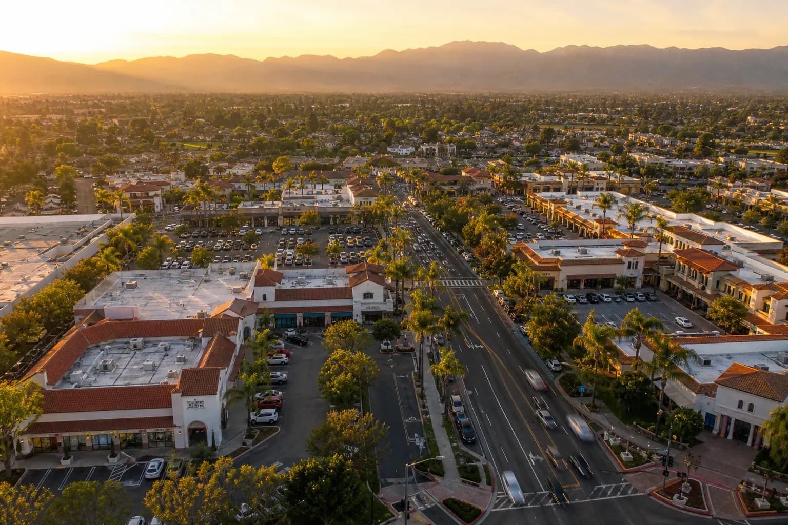 Aerial view of Brea restaurant district at golden hour