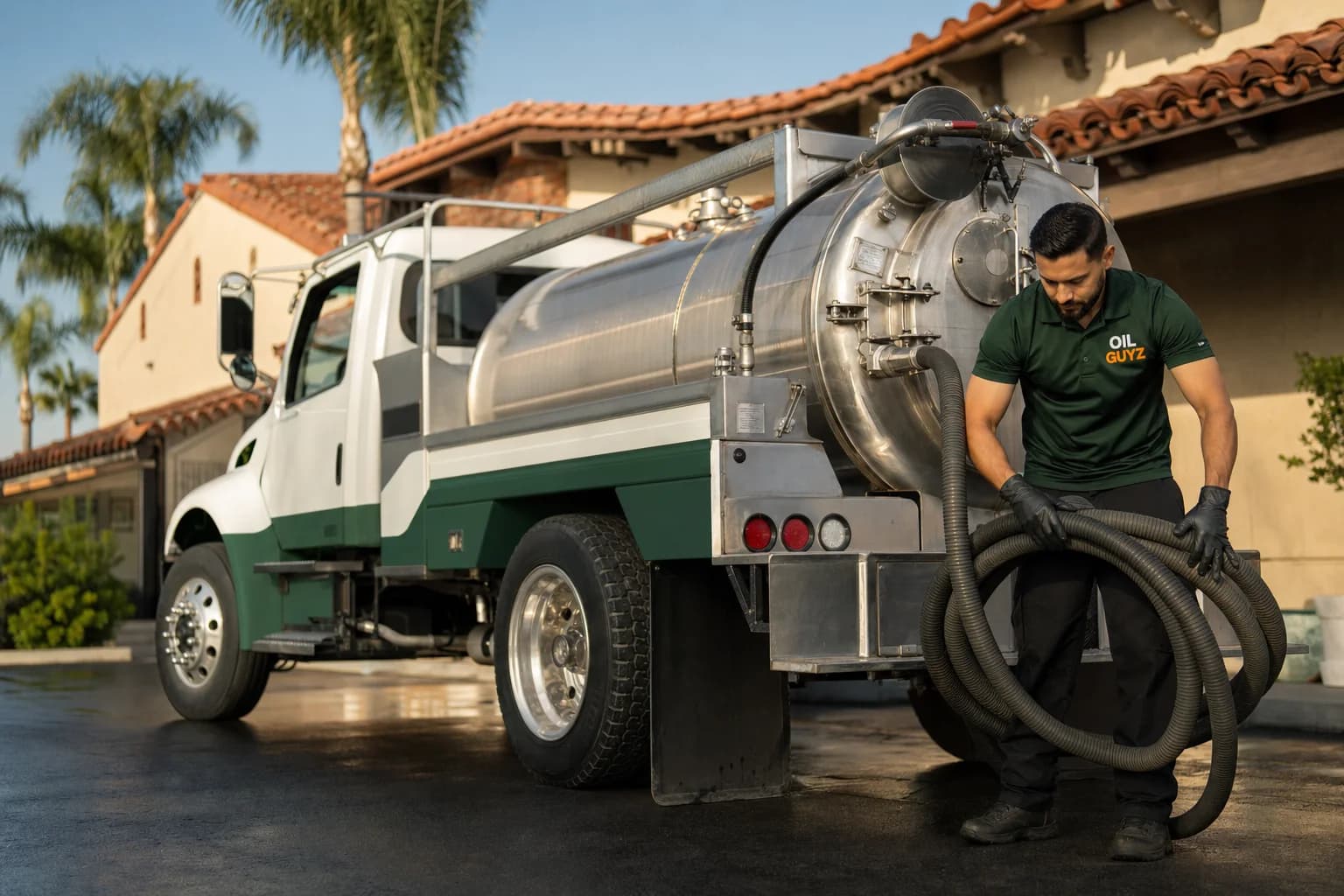 Free used cooking oil pickup at a Brea restaurant — unbranded white pump truck with hunter-green Oil Guyz technician
