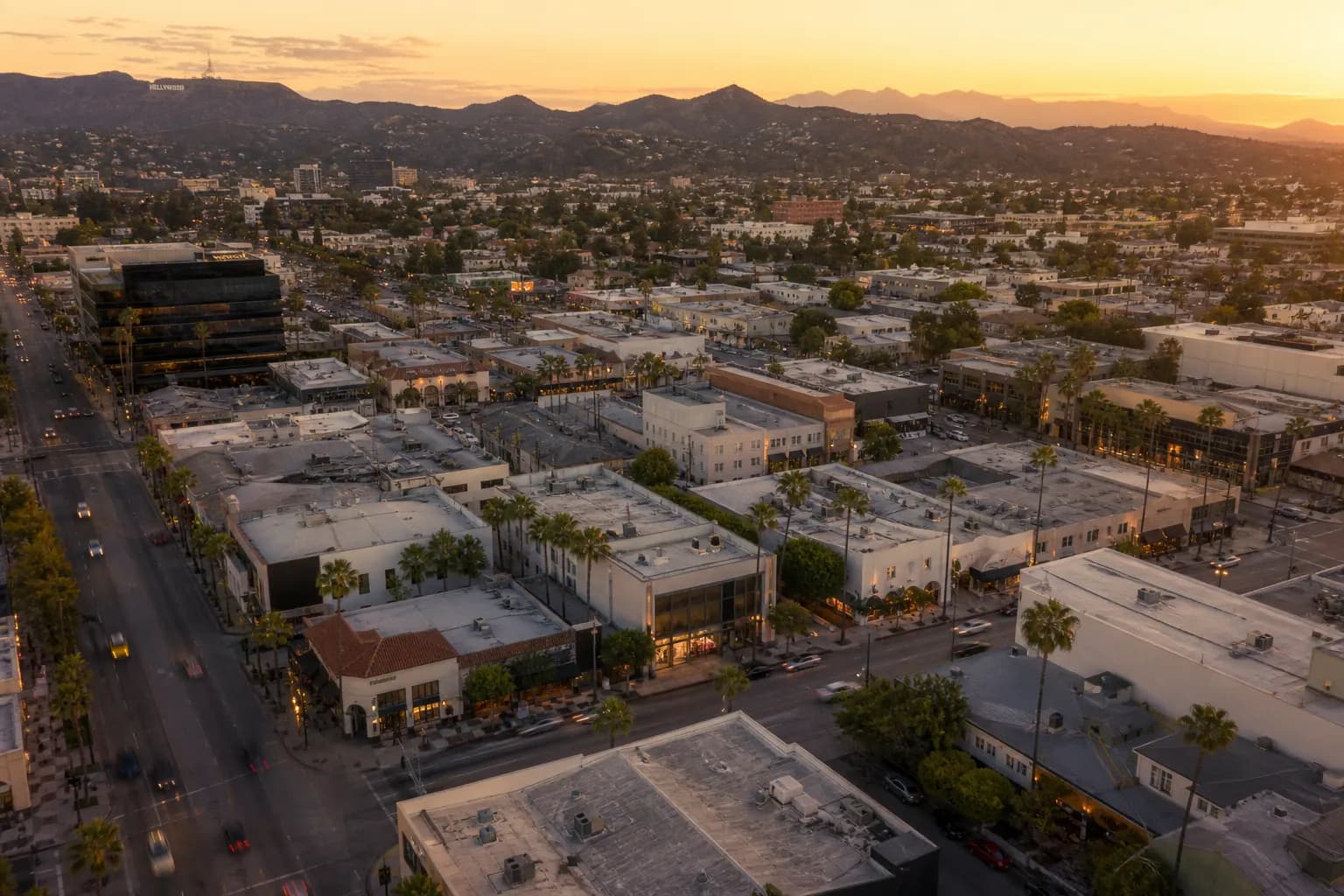 Aerial view of Burbank restaurant district at golden hour