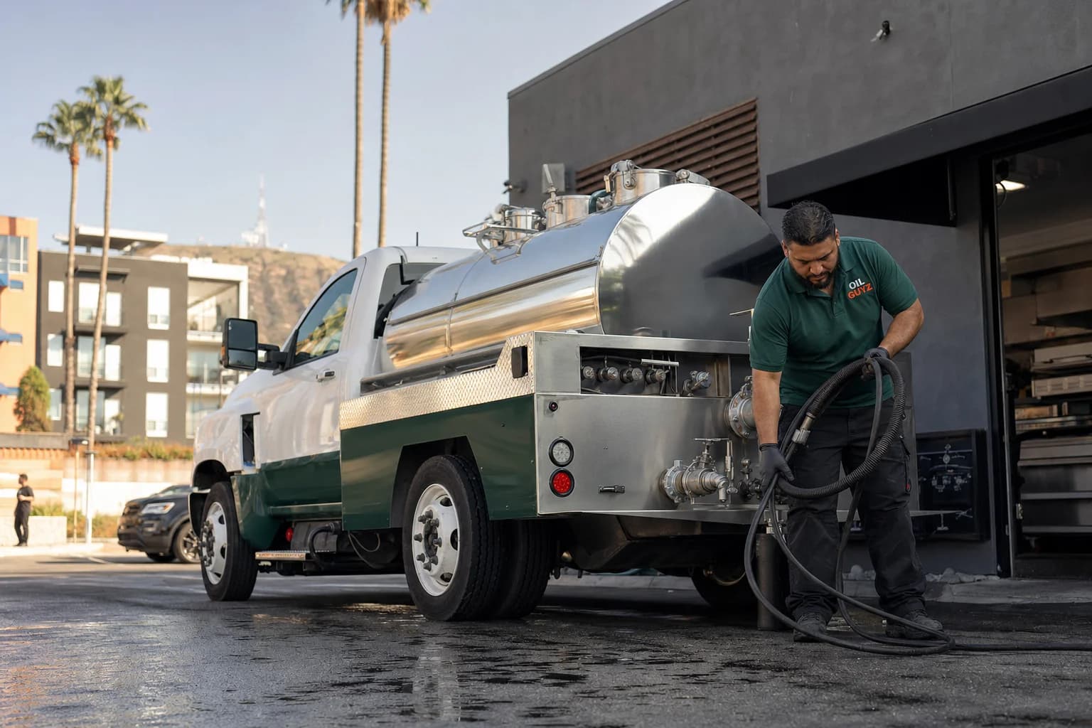 Free used cooking oil pickup at a Burbank restaurant — unbranded white pump truck with hunter-green Oil Guyz technician