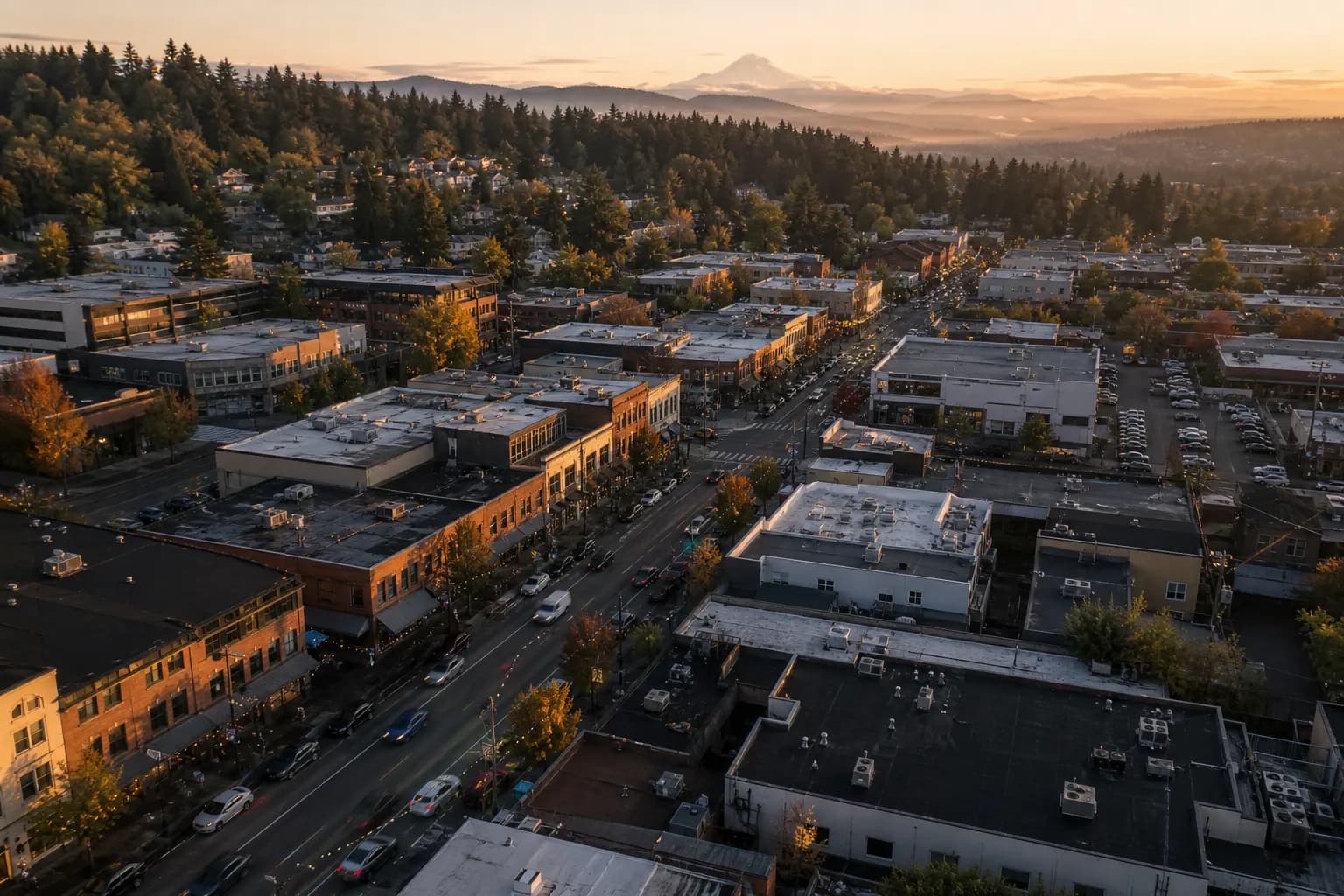 Aerial view of Burien restaurant district at golden hour