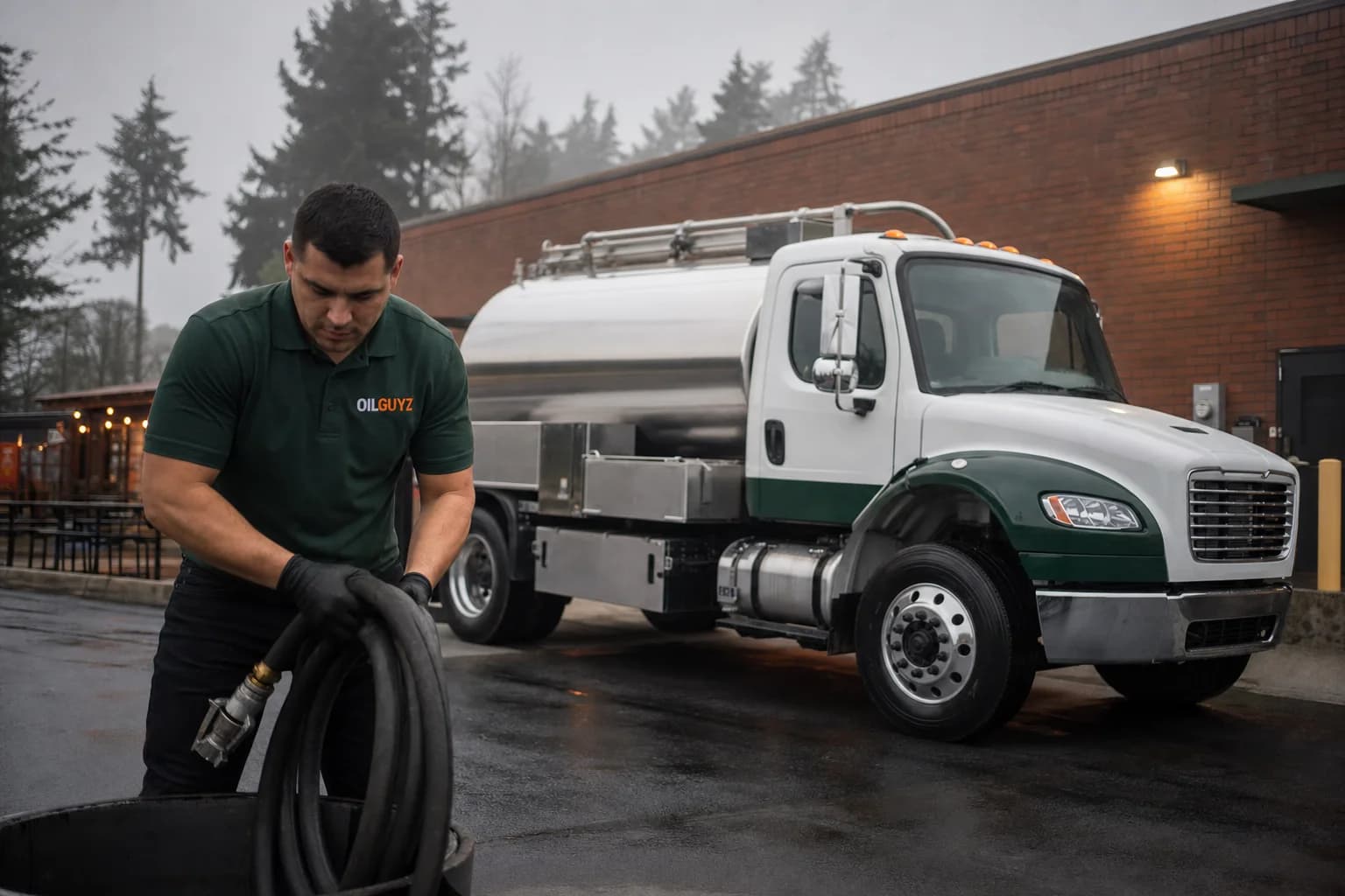 Free used cooking oil pickup at a Burien restaurant — unbranded white pump truck with hunter-green Oil Guyz technician