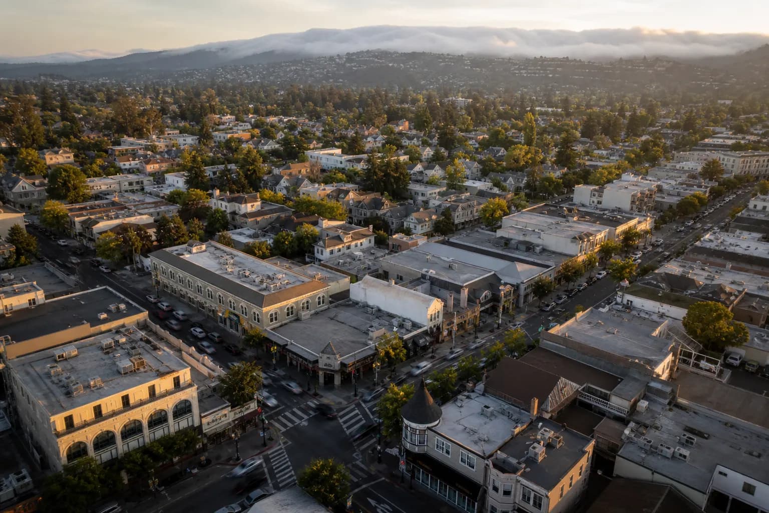 Aerial view of Burlingame restaurant district at golden hour