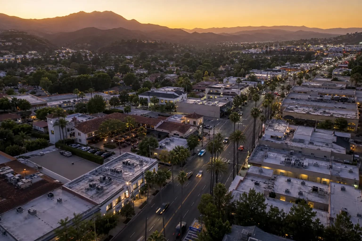 Aerial view of Calabasas restaurant district at golden hour