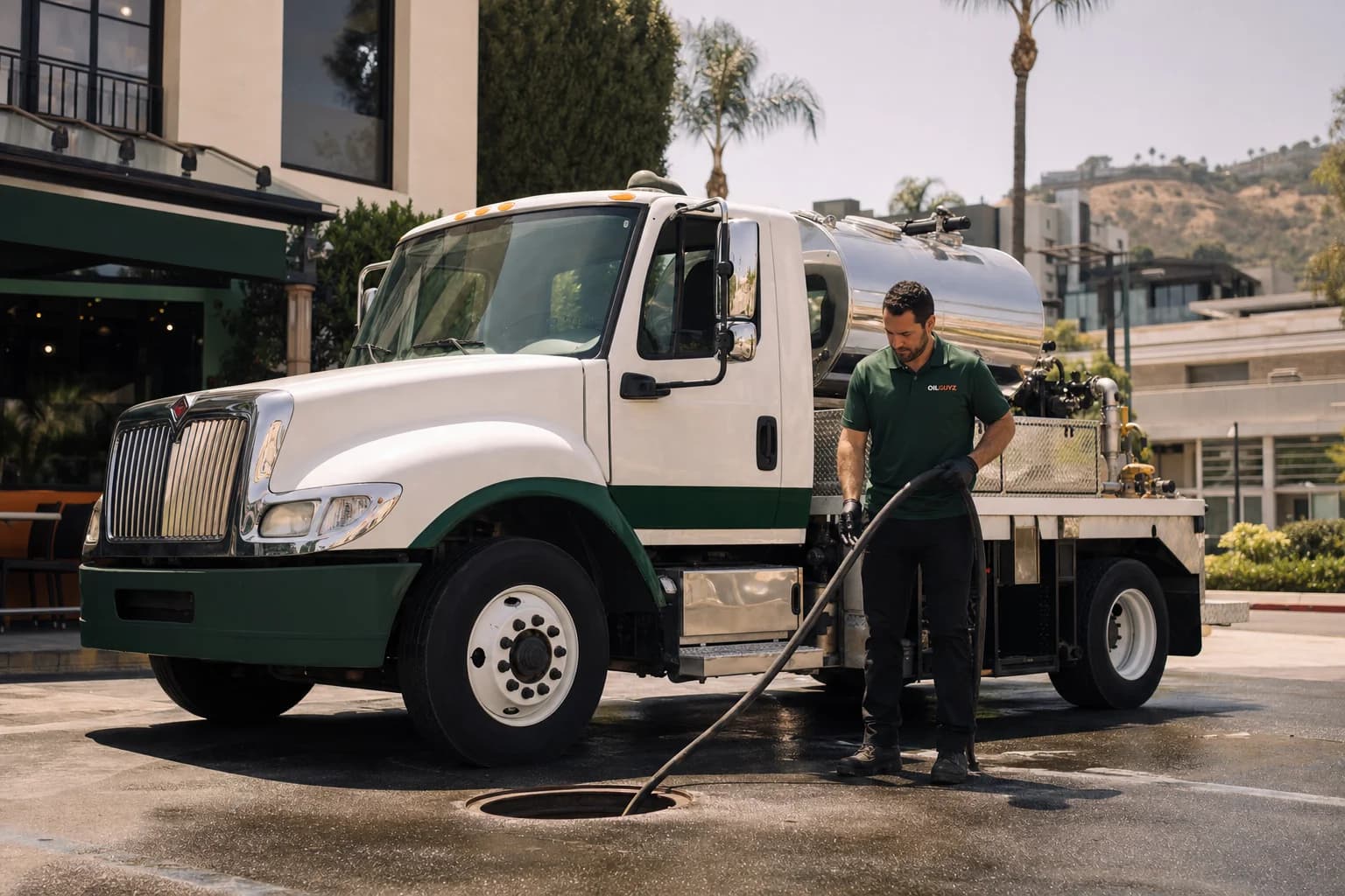 Free used cooking oil pickup at a Calabasas restaurant — unbranded white pump truck with hunter-green Oil Guyz technician