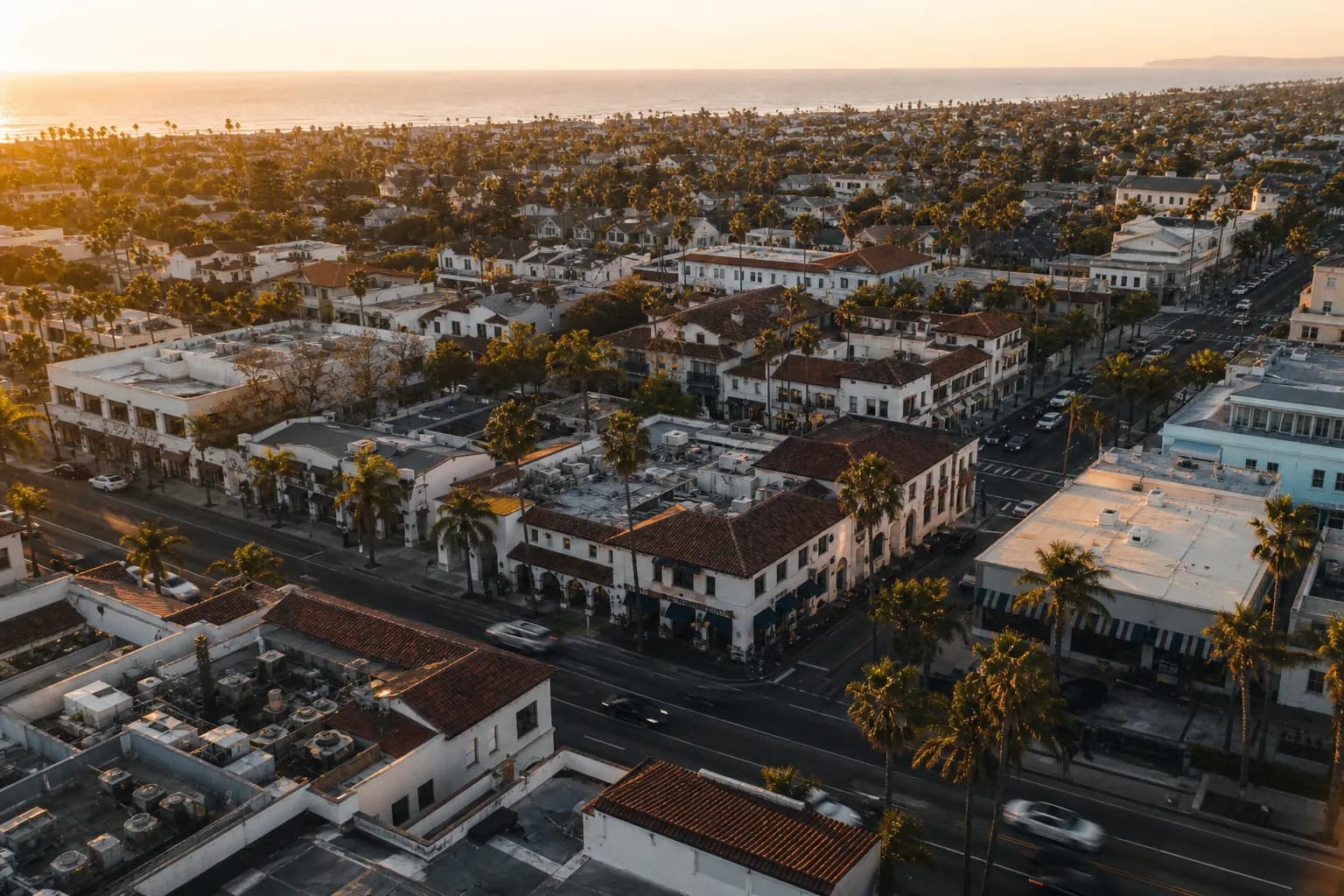 Aerial view of Carlsbad restaurant district at golden hour