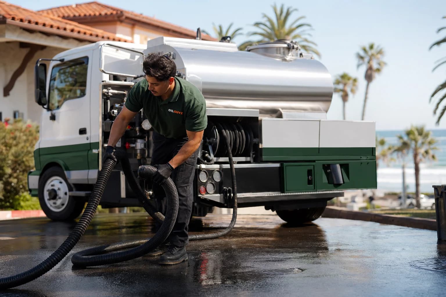 Free used cooking oil pickup at a Carlsbad restaurant — unbranded white pump truck with hunter-green Oil Guyz technician