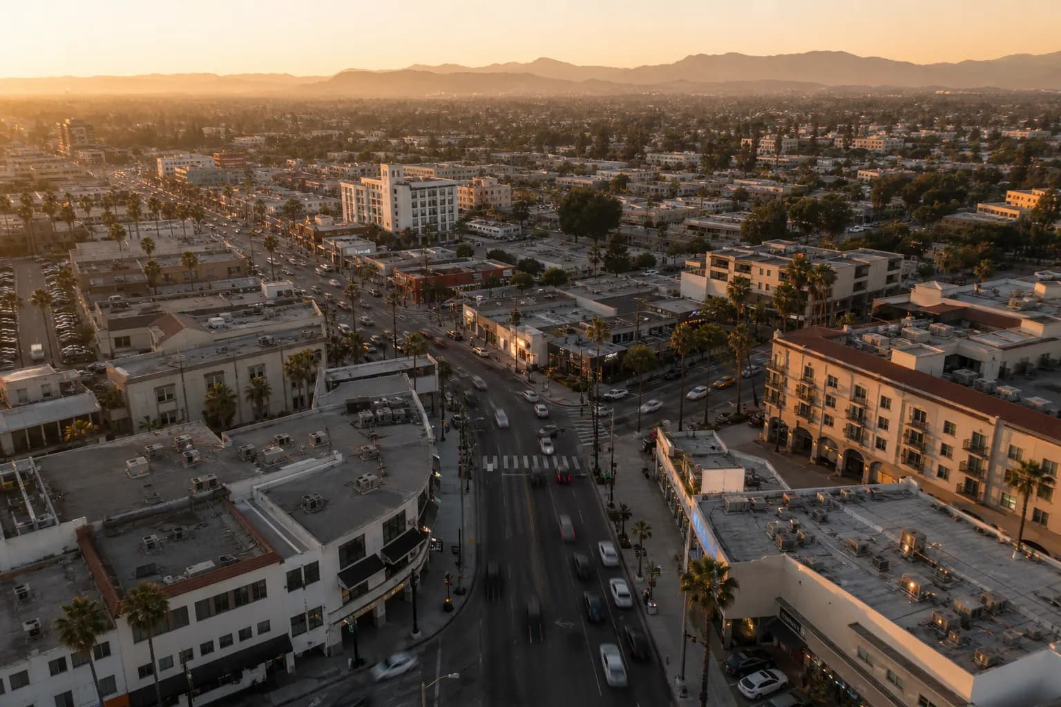 Aerial view of Carson restaurant district at golden hour