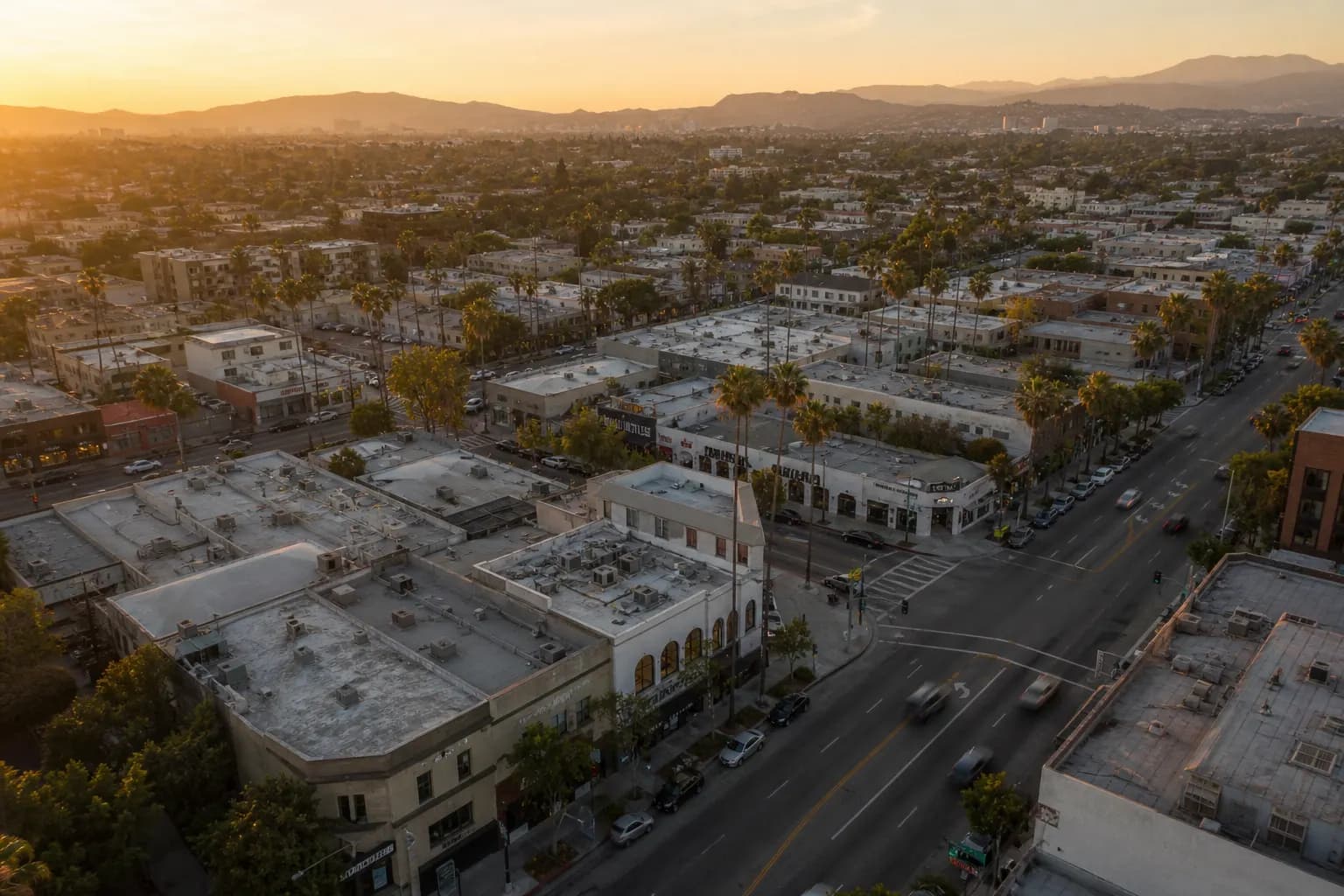 Aerial view of Cerritos restaurant district at golden hour
