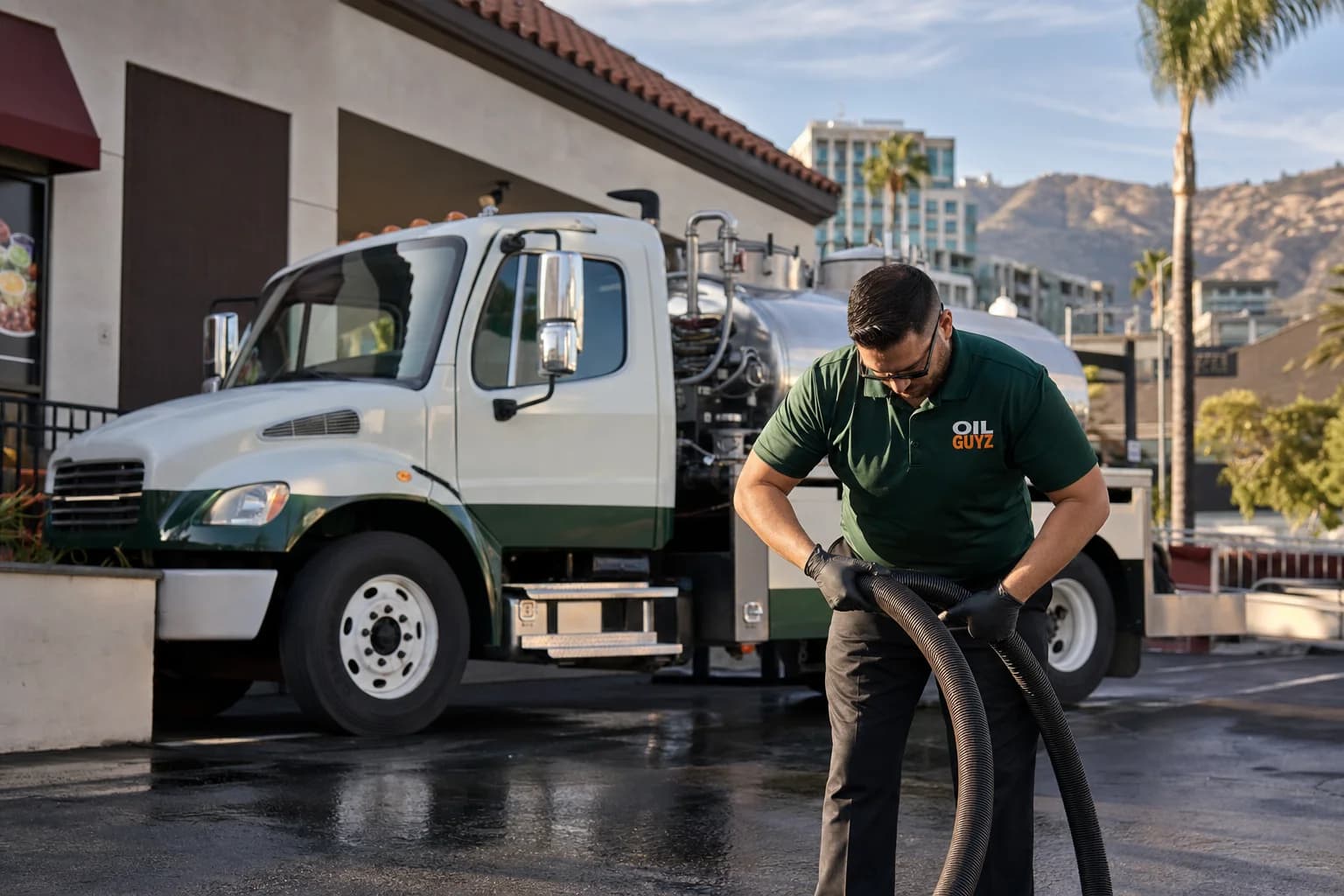 Free used cooking oil pickup at a Cerritos restaurant — unbranded white pump truck with hunter-green Oil Guyz technician
