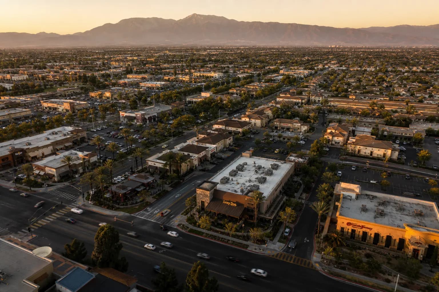 Aerial view of Chino restaurant district at golden hour
