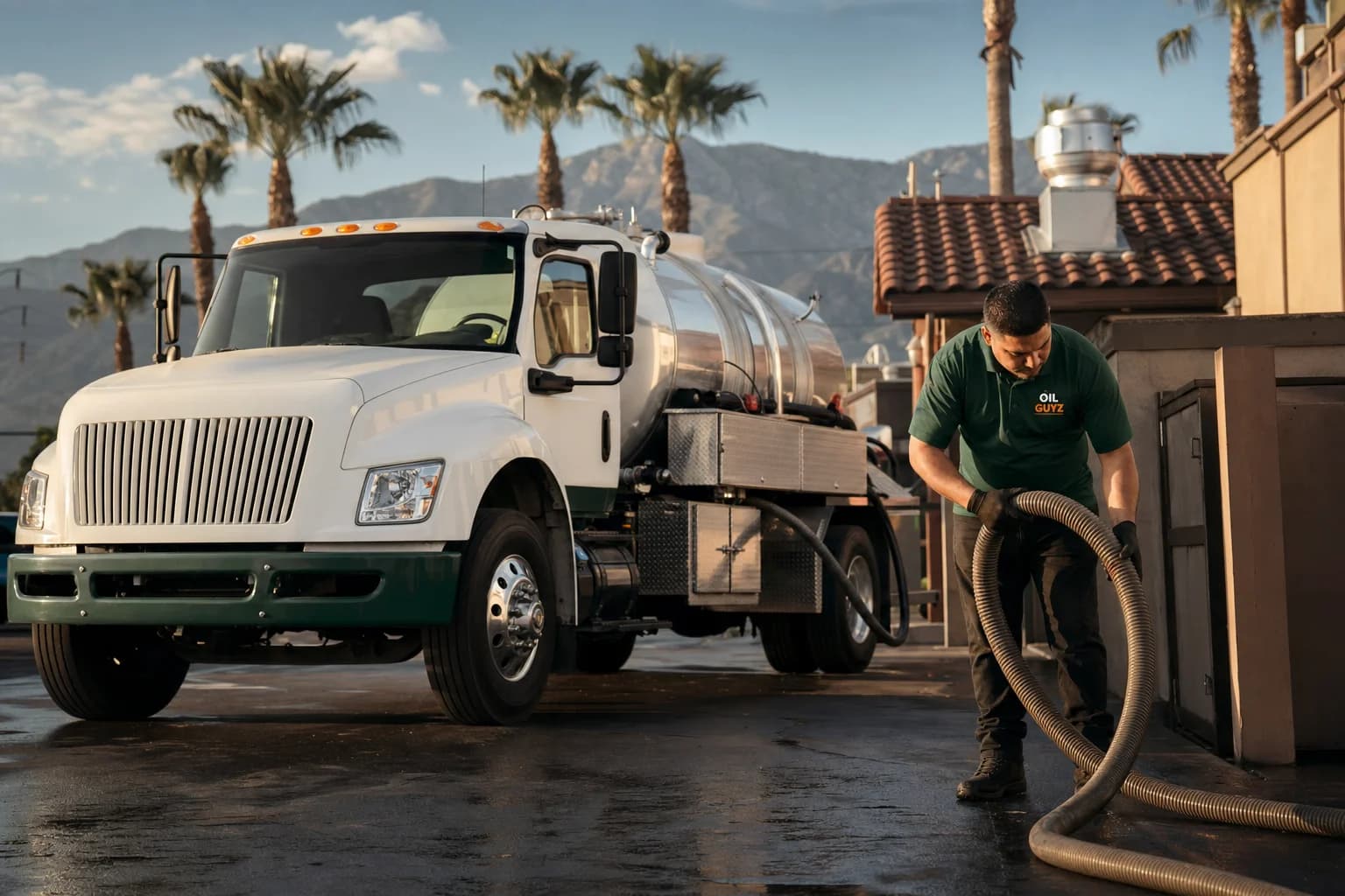Free used cooking oil pickup at a Chino restaurant — unbranded white pump truck with hunter-green Oil Guyz technician