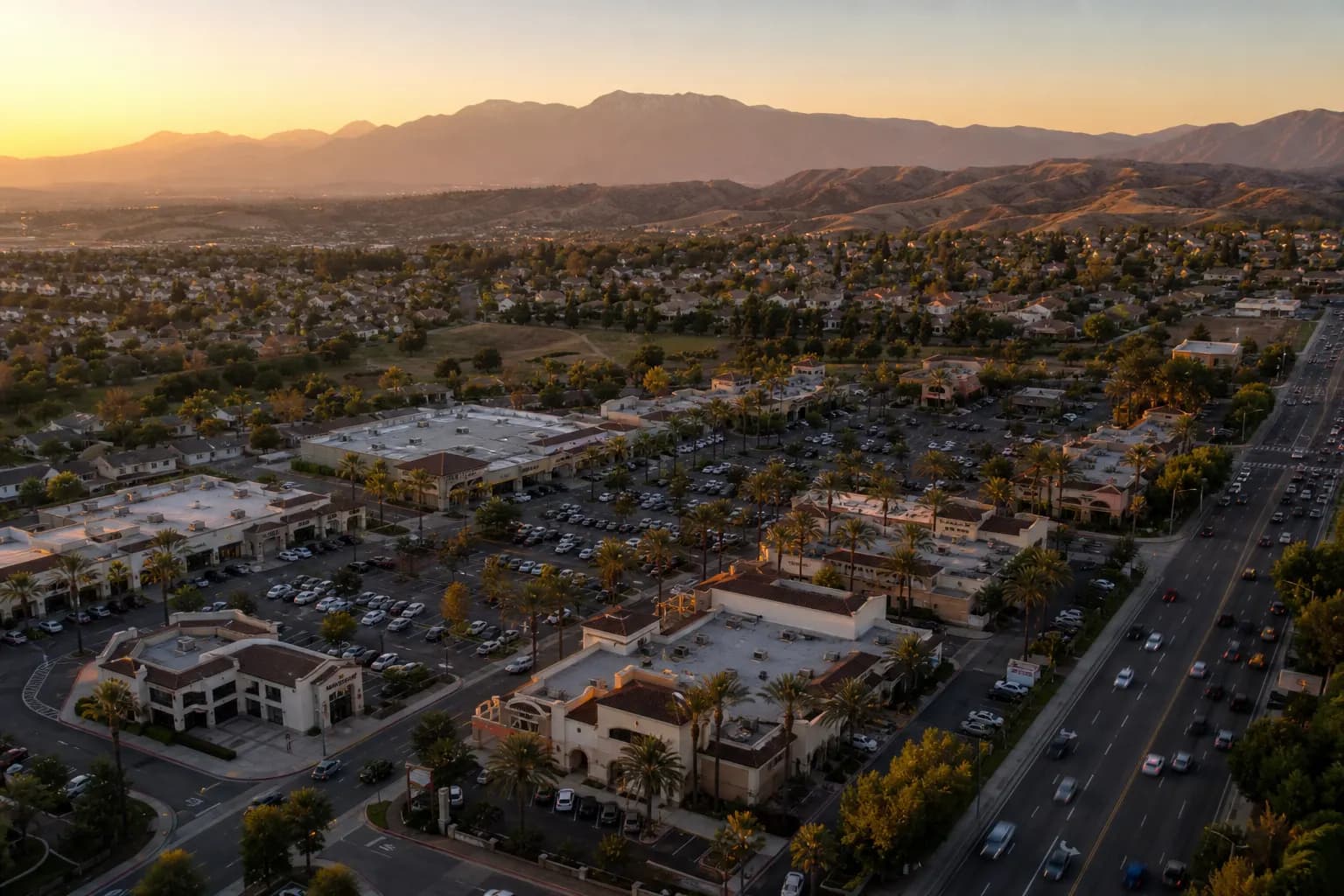 Aerial view of Chino Hills restaurant district at golden hour