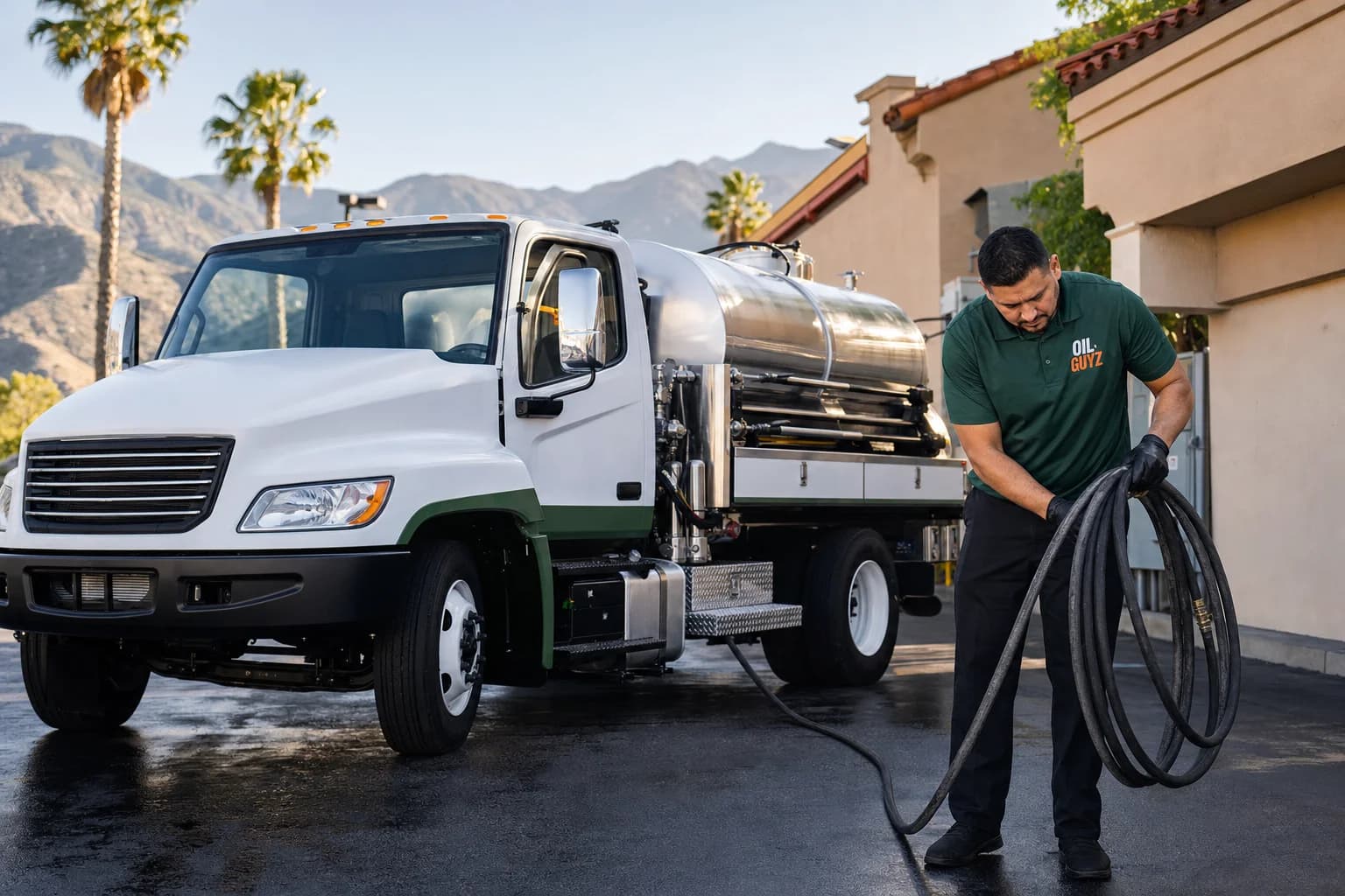 Free used cooking oil pickup at a Chino Hills restaurant — unbranded white pump truck with hunter-green Oil Guyz technician