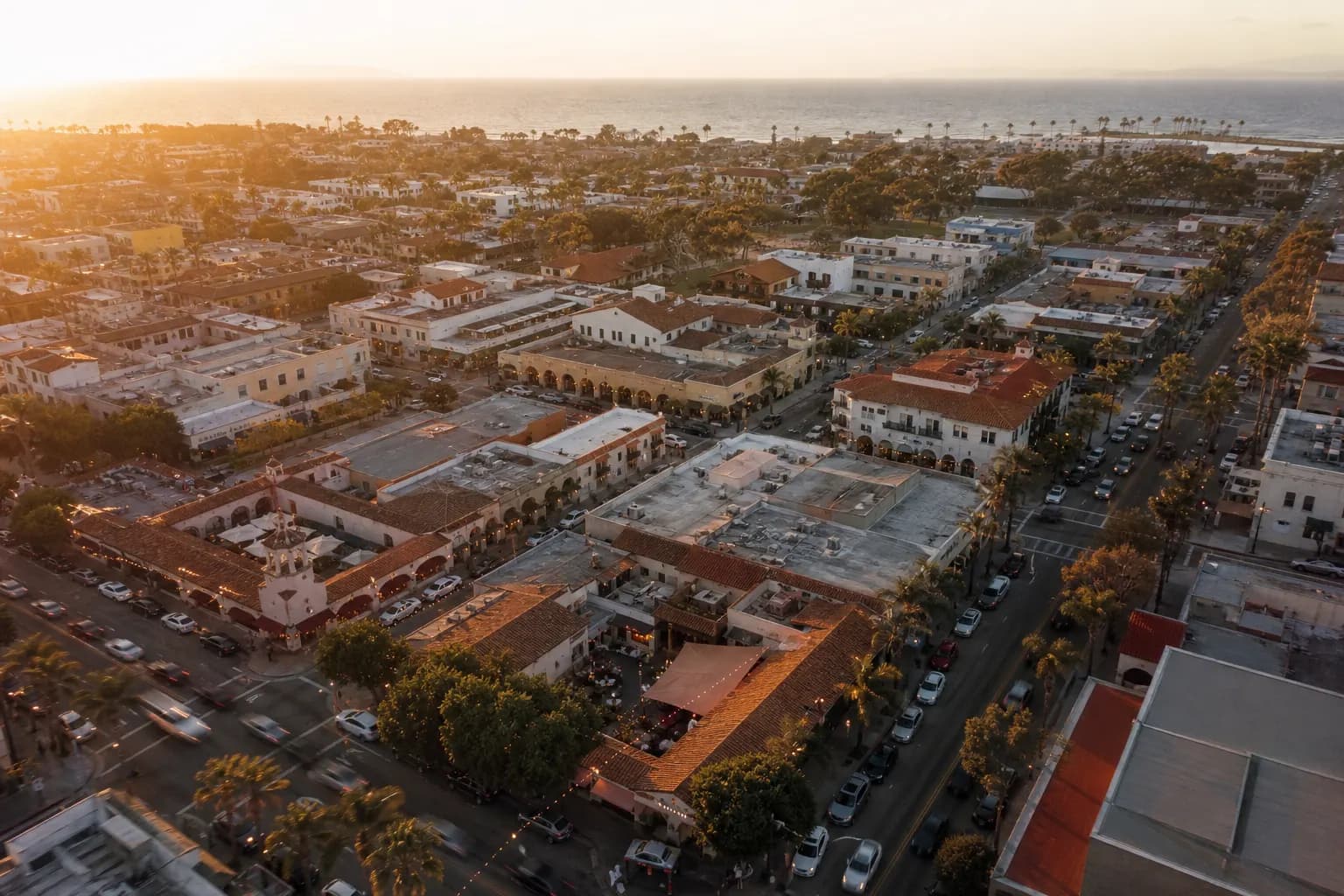 Aerial view of Chula Vista restaurant district at golden hour