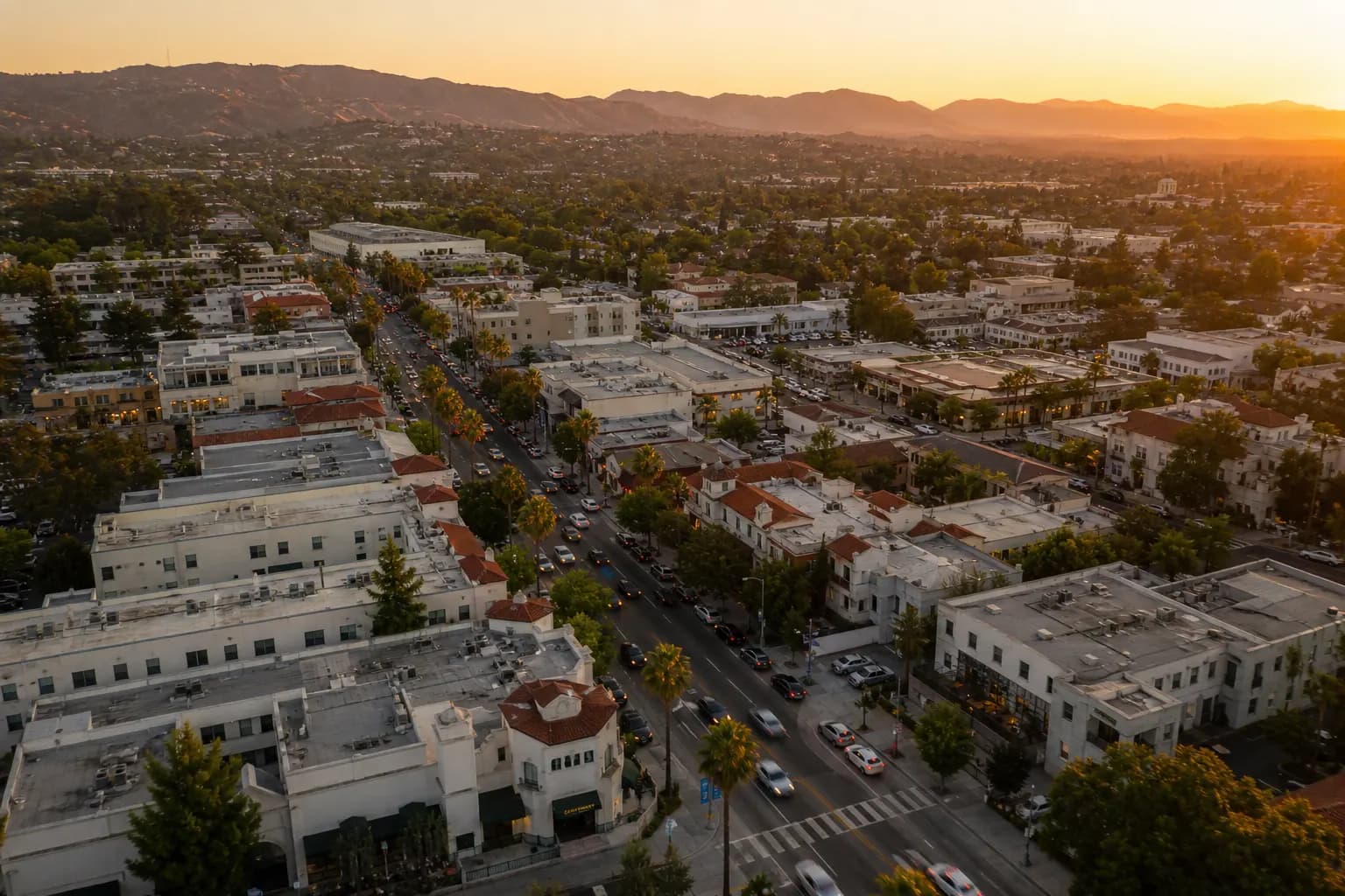 Aerial view of Claremont restaurant district at golden hour