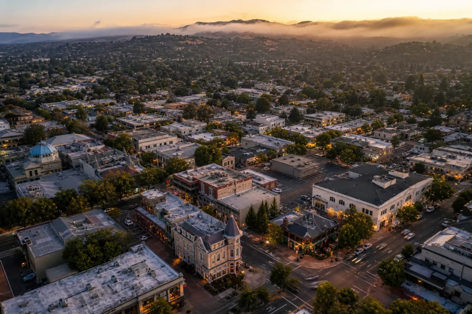 Aerial view of Concord restaurant district at golden hour