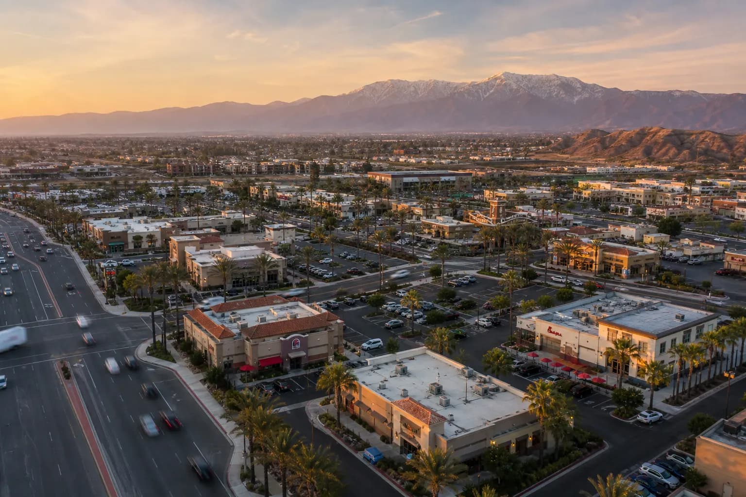 Aerial view of Corona restaurant district at golden hour