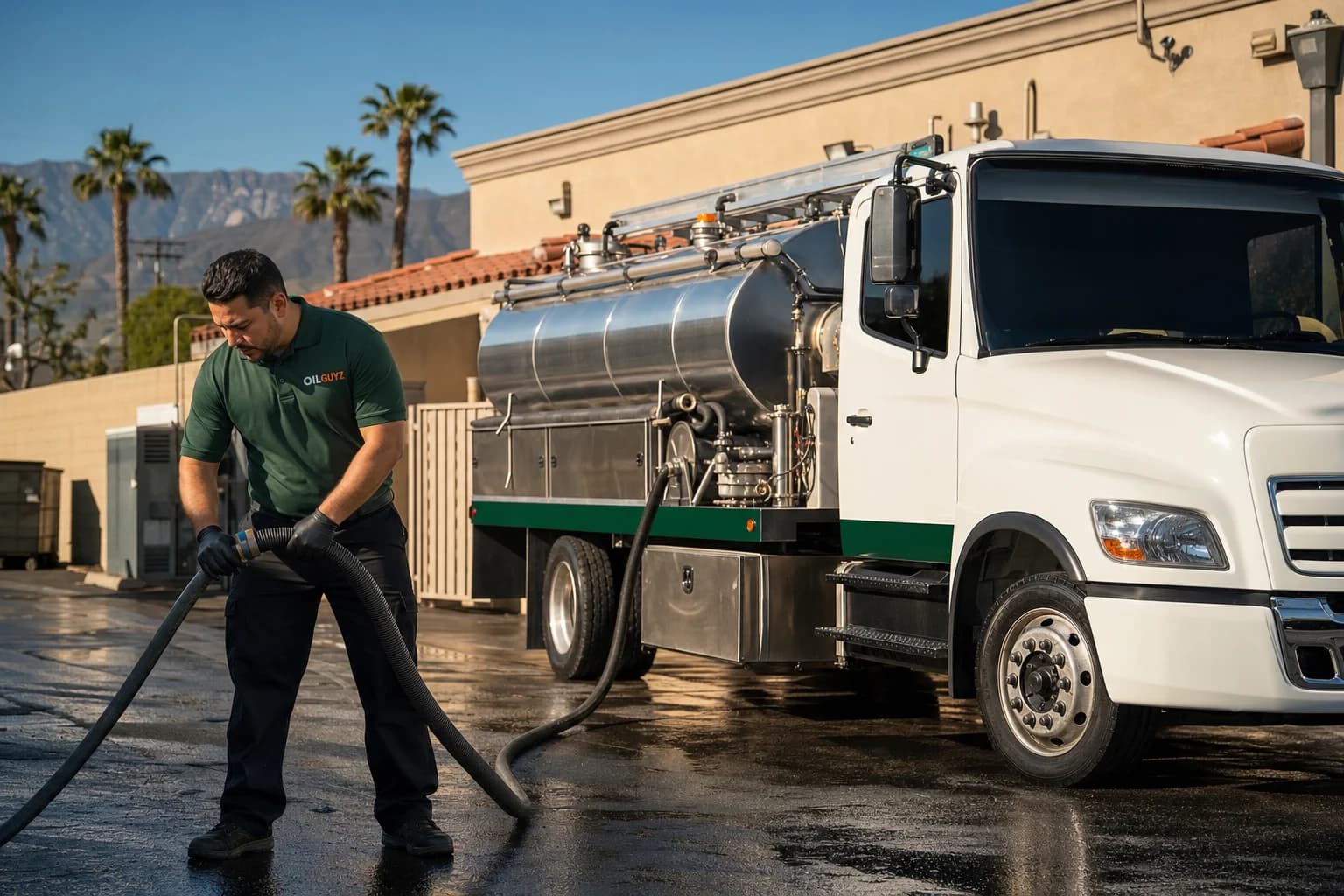 Free used cooking oil pickup at a Corona restaurant — unbranded white pump truck with hunter-green Oil Guyz technician