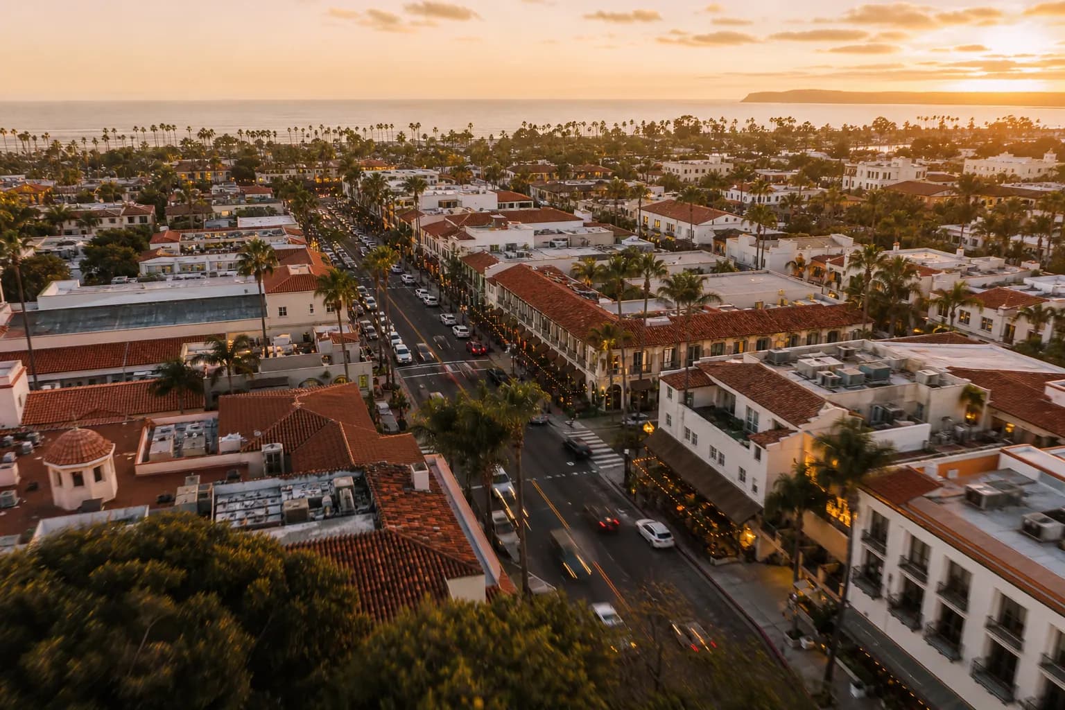 Aerial view of Coronado restaurant district at golden hour