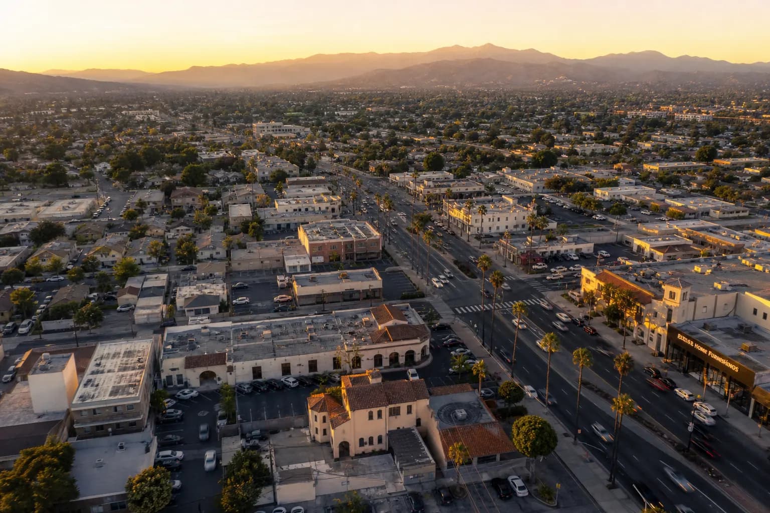 Aerial view of Covina restaurant district at golden hour