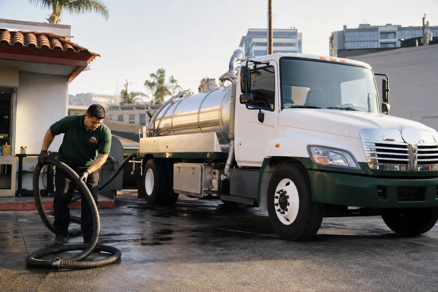 Free used cooking oil pickup at a Covina restaurant — unbranded white pump truck with hunter-green Oil Guyz technician
