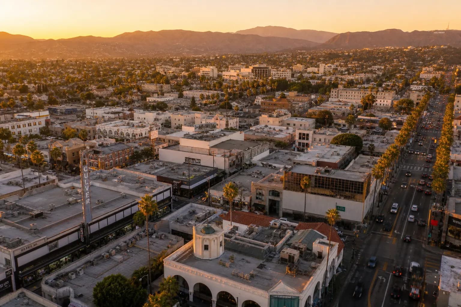 Aerial view of Cudahy restaurant district at golden hour