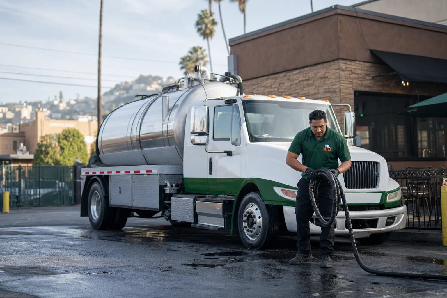 Free used cooking oil pickup at a Cudahy restaurant — unbranded white pump truck with hunter-green Oil Guyz technician