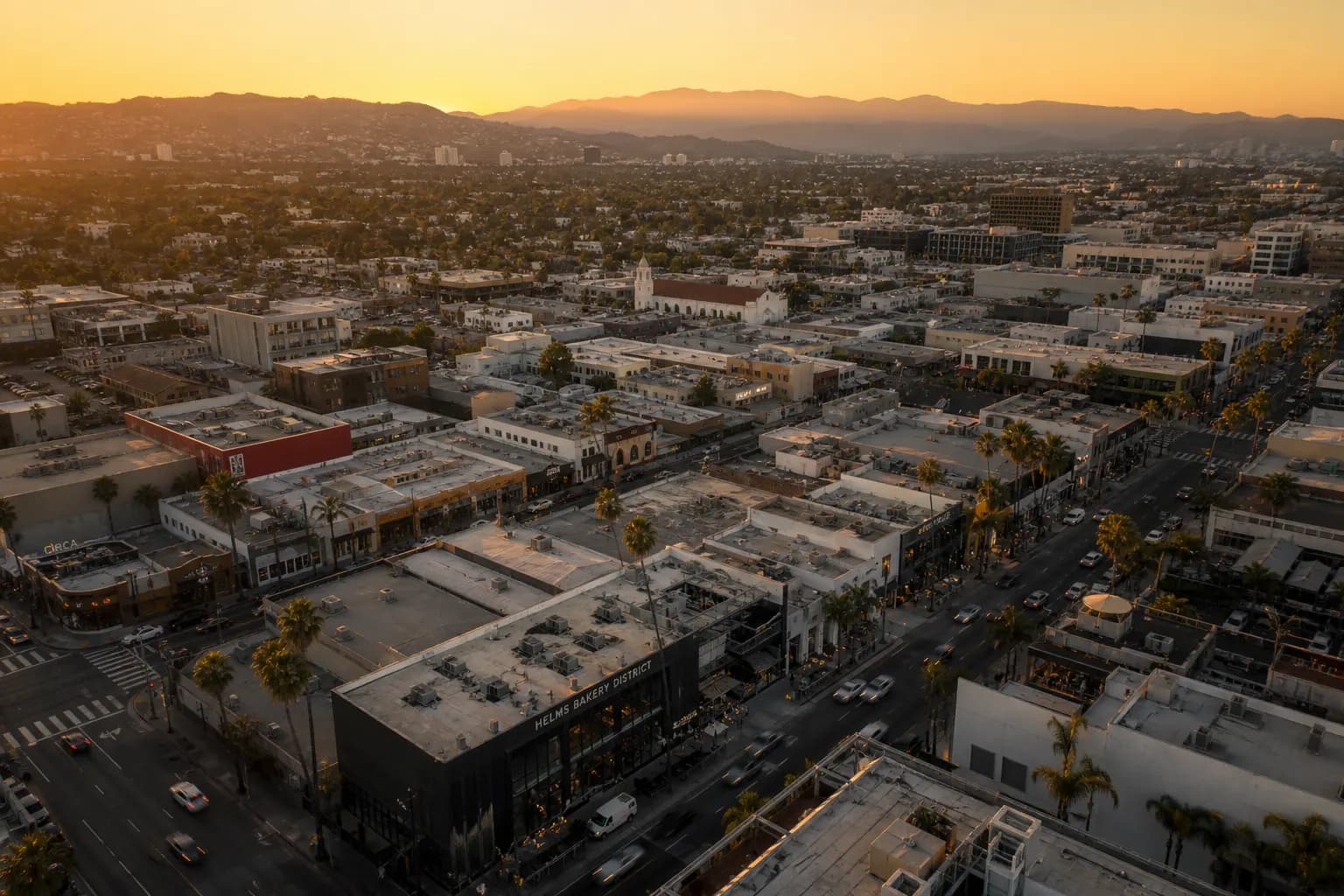 Aerial view of Culver City restaurant district at golden hour