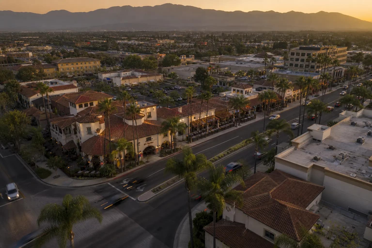 Aerial view of Cypress restaurant district at golden hour