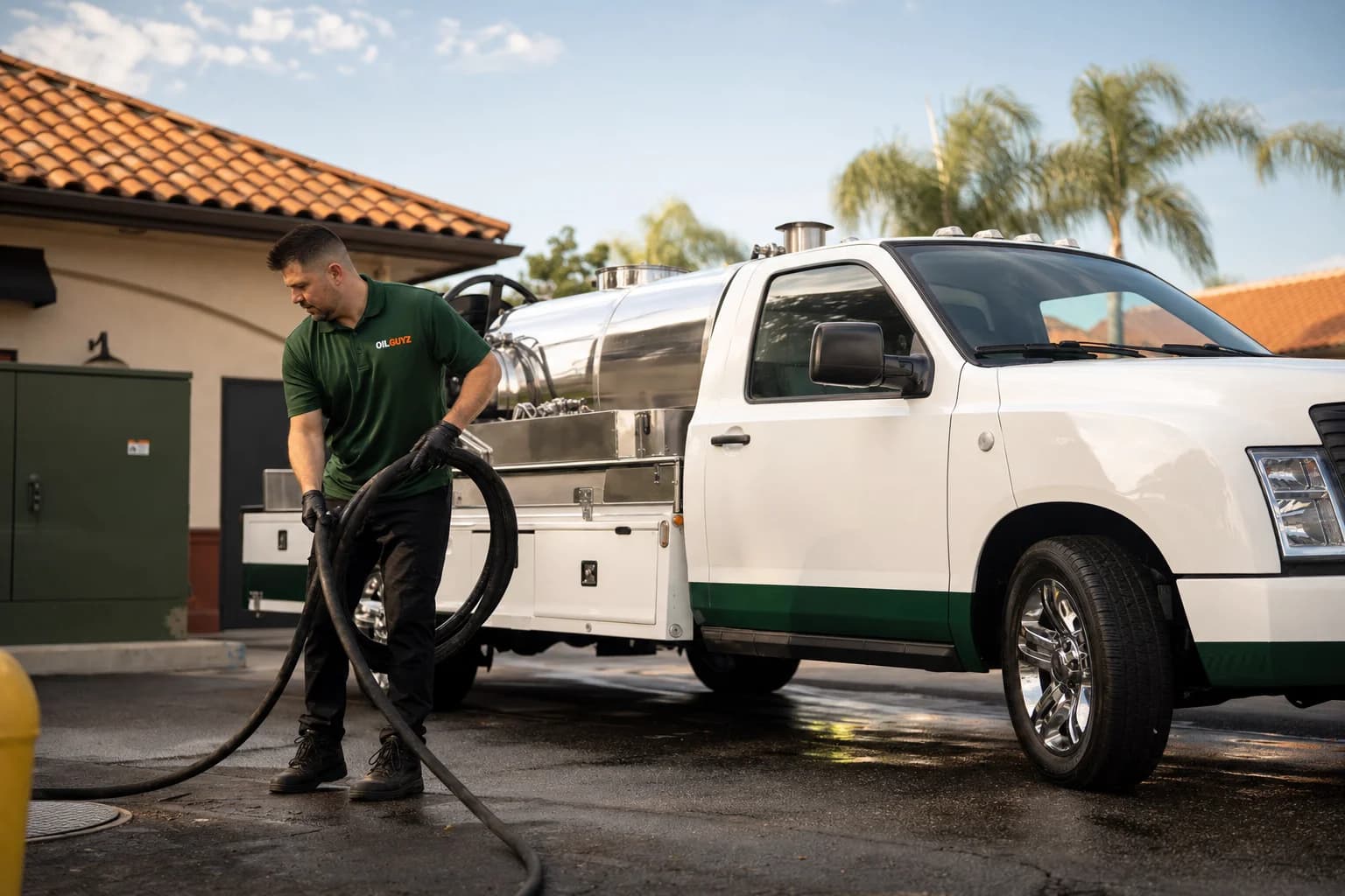 Free used cooking oil pickup at a Cypress restaurant — unbranded white pump truck with hunter-green Oil Guyz technician