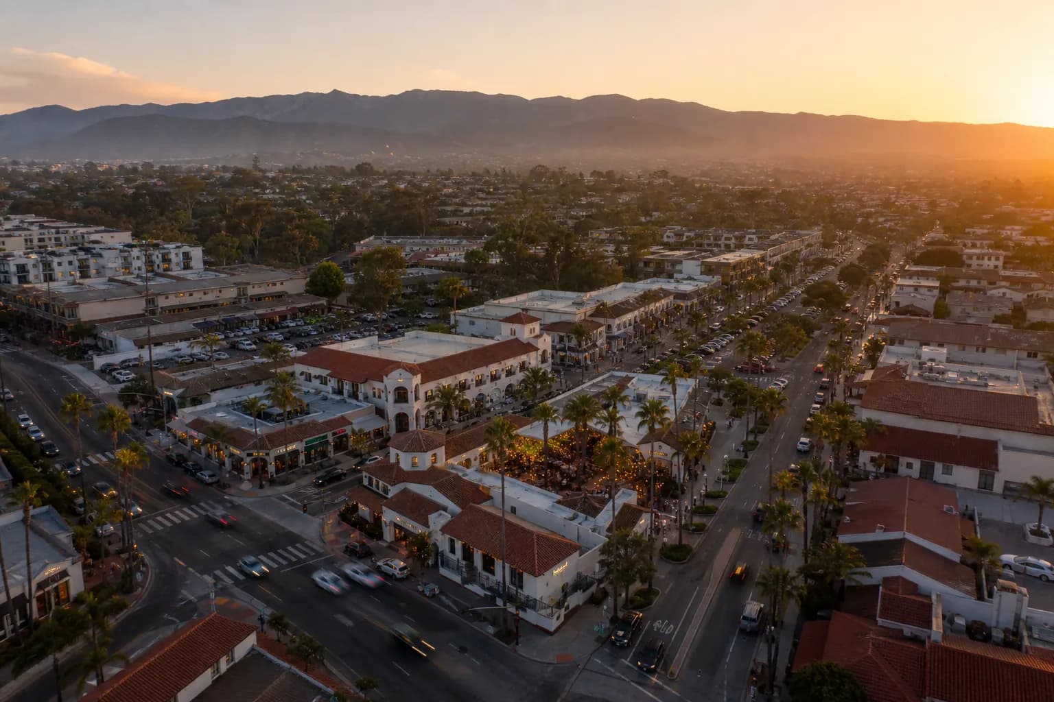 Aerial view of Dana Point restaurant district at golden hour