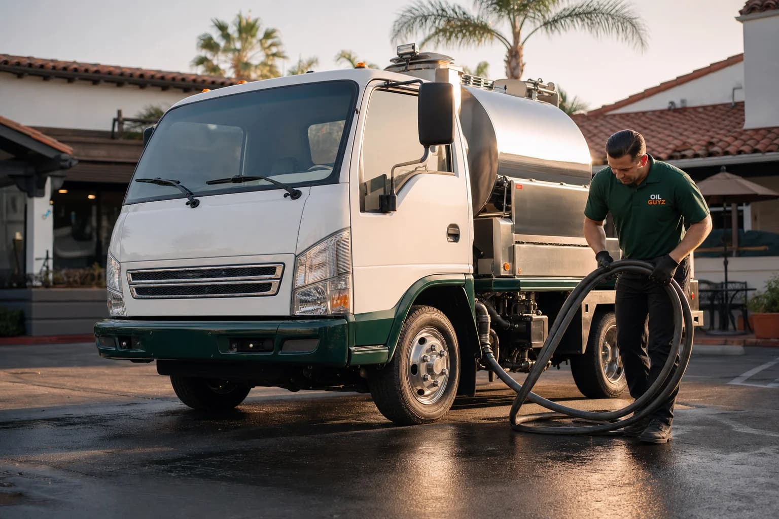 Free used cooking oil pickup at a Dana Point restaurant — unbranded white pump truck with hunter-green Oil Guyz technician