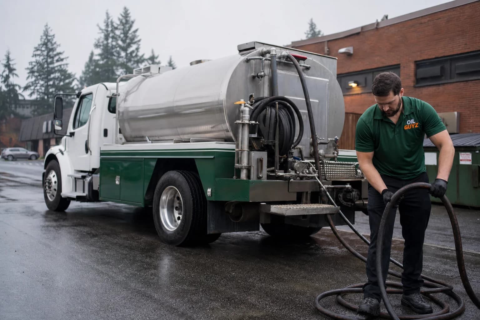 Free used cooking oil pickup at a Des Moines restaurant — unbranded white pump truck with hunter-green Oil Guyz technician