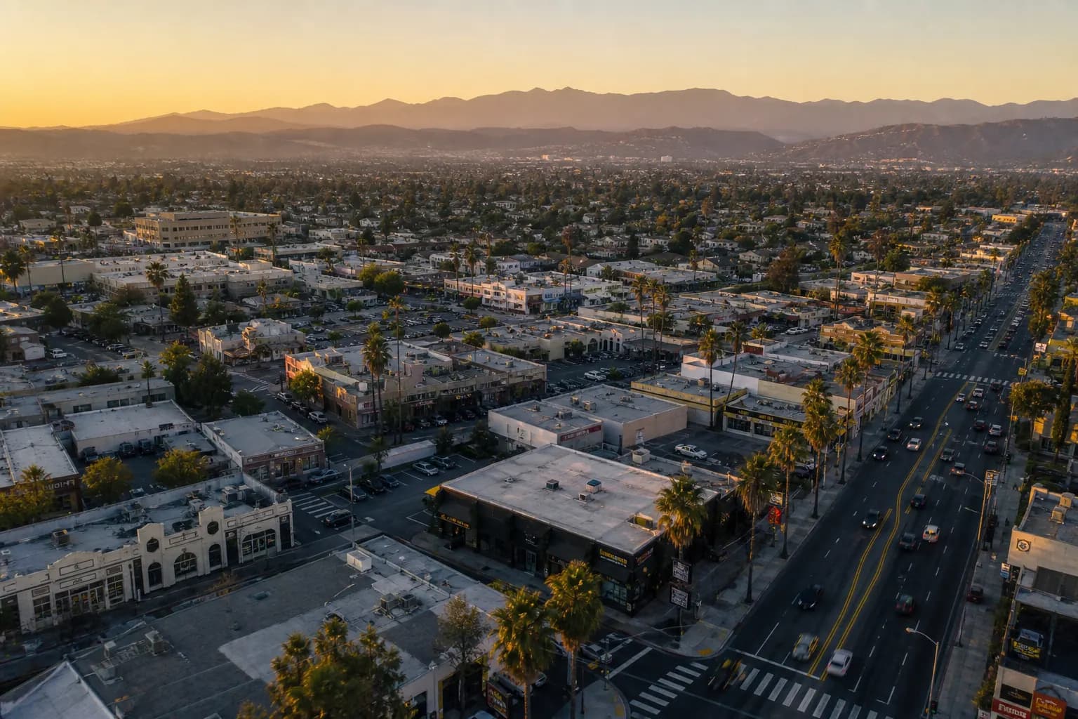 Aerial view of Diamond Bar restaurant district at golden hour