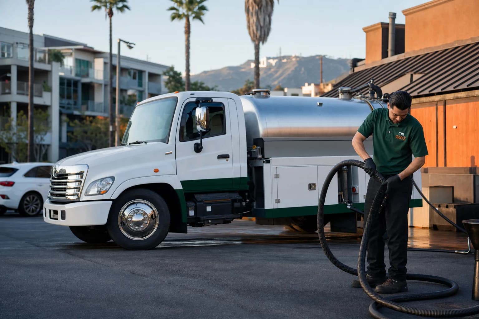 Free used cooking oil pickup at a Diamond Bar restaurant — unbranded white pump truck with hunter-green Oil Guyz technician