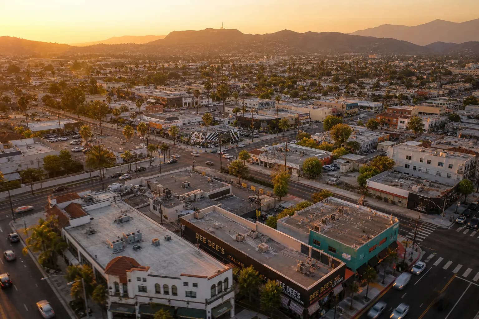 Aerial view of Downey restaurant district at golden hour